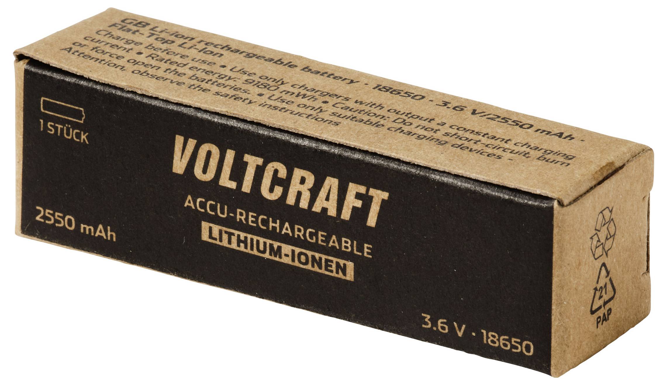 Voltcraft aufladbares Lithium-Ionen-Akkupaket in einer Box mit der Bezeichnung 2550 mAh, 3,6 V 18650.