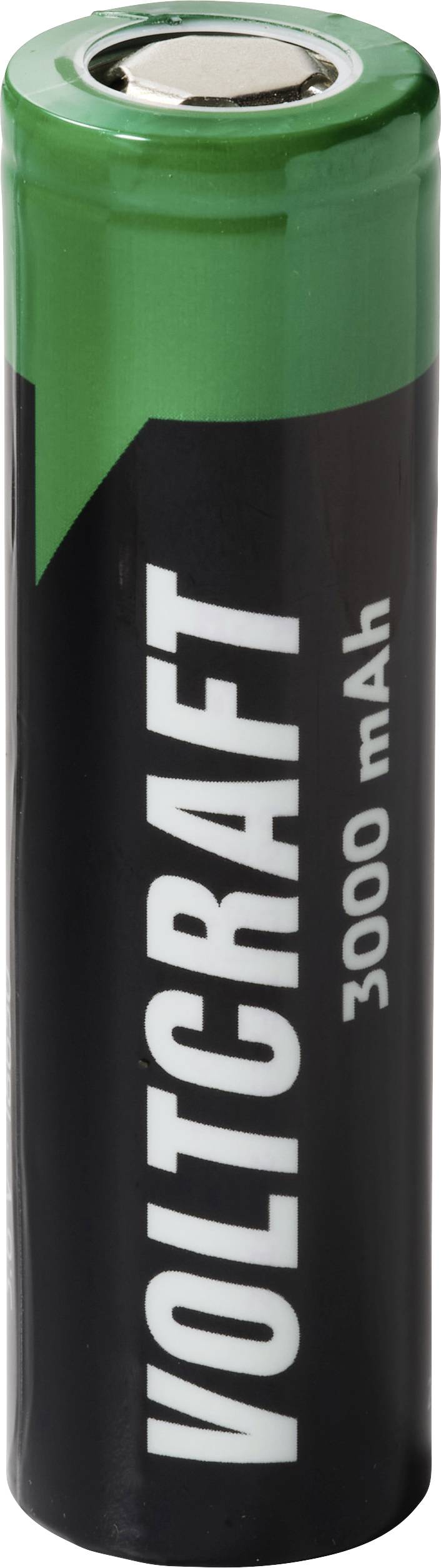 Grüne Voltcraft 3000-mAh-Batteriezelle aufrecht angezeigt, mit schwarzem und grünem Etikett.