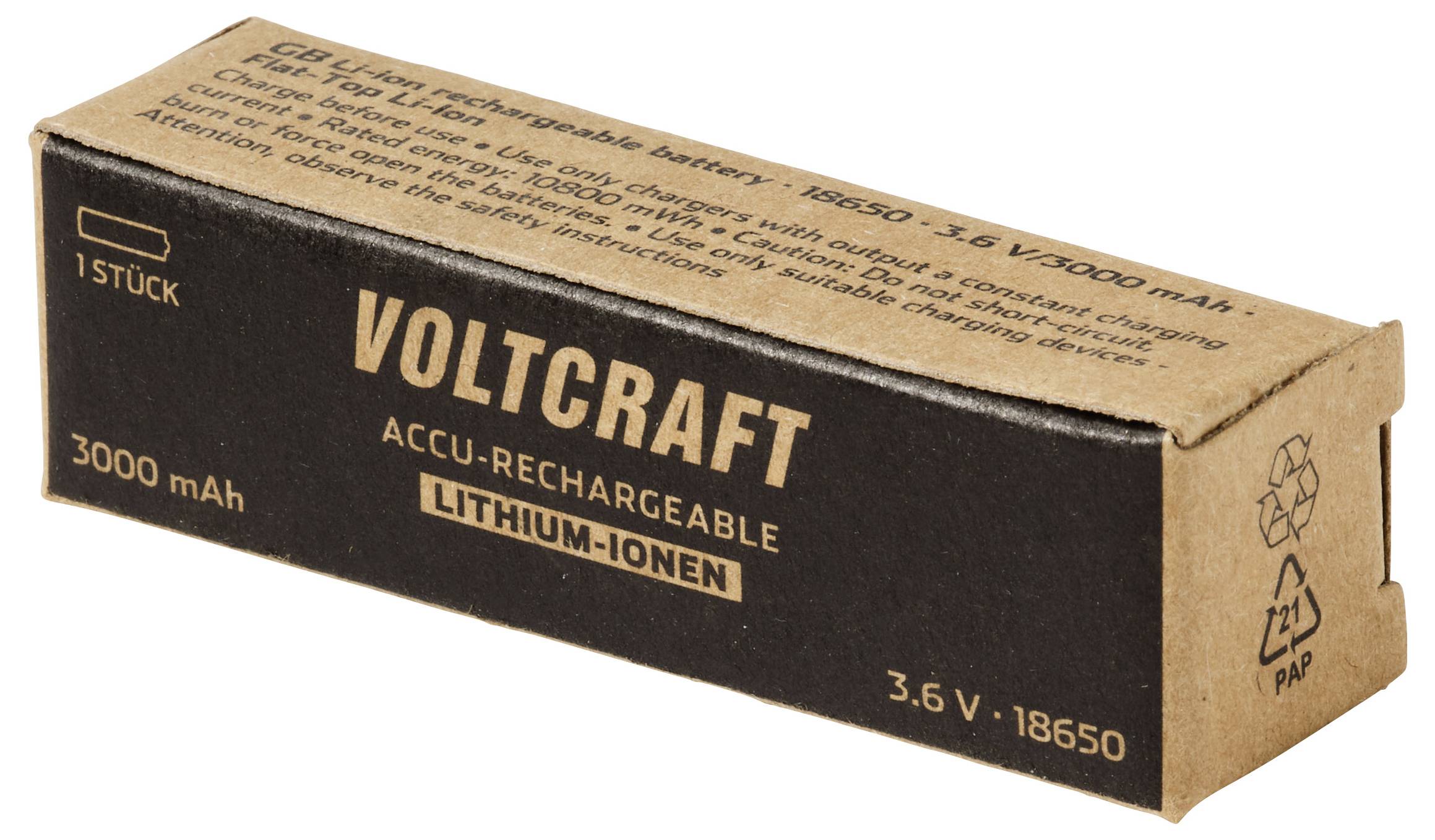 Voltcraft 3,6V wiederaufladbare Lithium-Ionen-Batterie in einer Kartonschachtel verpackt, beschriftet mit 3000 mAh und 1 Stück.