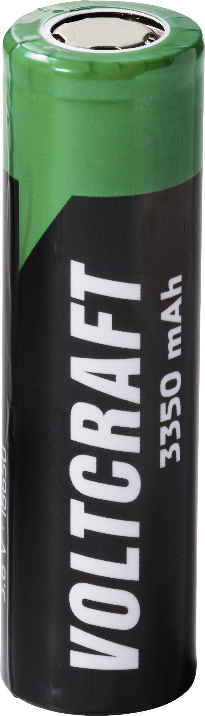 Eine grün und schwarz gefärbte Voltcraft 3350-mAh-Batteriezelle, aufrecht dargestellt, mit dem Markennamen und der Kapazität auf dem Etikett aufgedruckt.