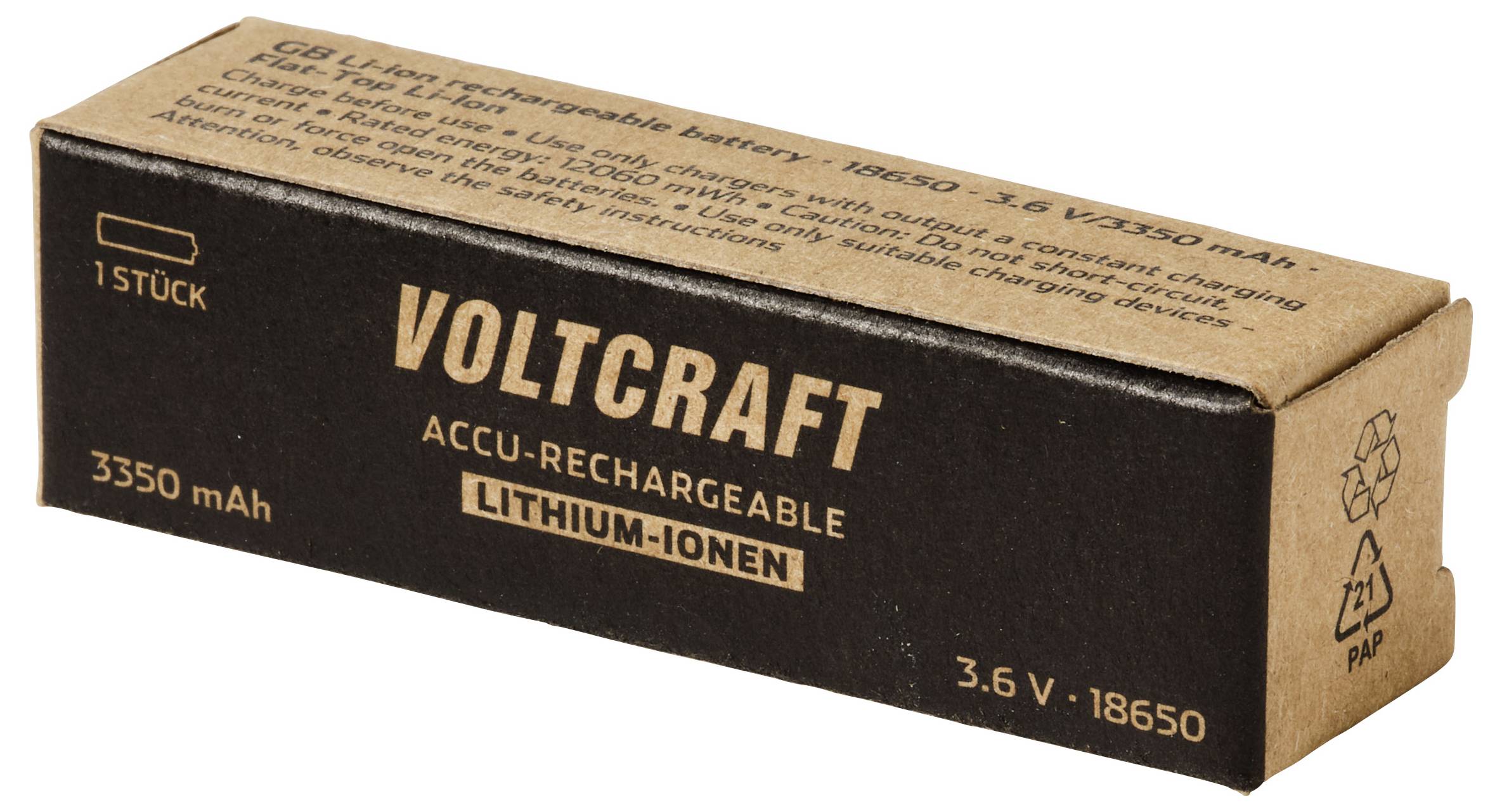Verpackte Voltcraft wiederaufladbare Lithium-Ionen-Batterie, gekennzeichnet mit 3,6 V 18650 und 3350 mAh.