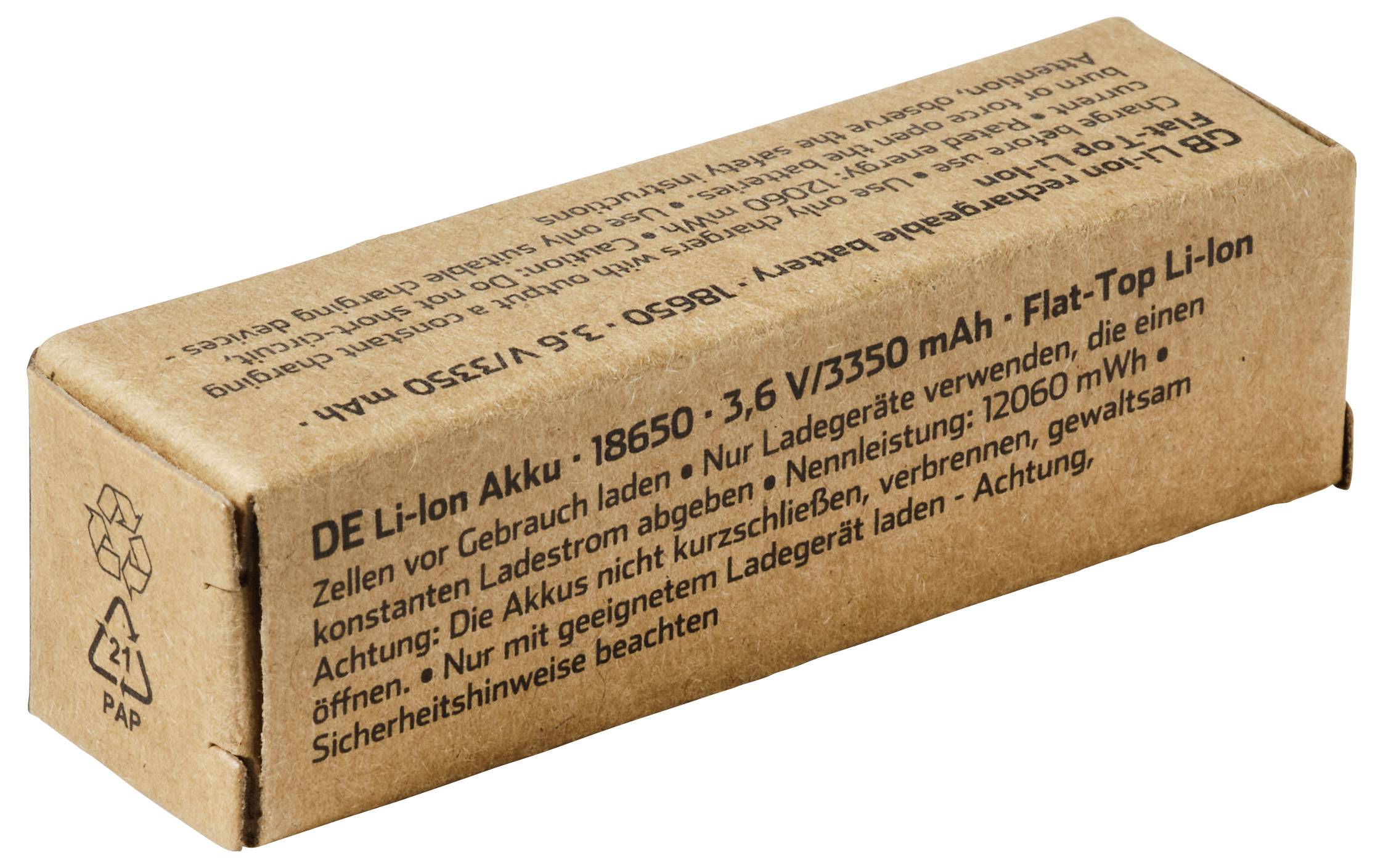 Brauner Karton mit deutscher Beschriftung für einen DE Li-Ionen-Akku: 18650, 3,6V/3350mAh Flachkopf-Li-Ionen-Zelle, wiederaufladbar.