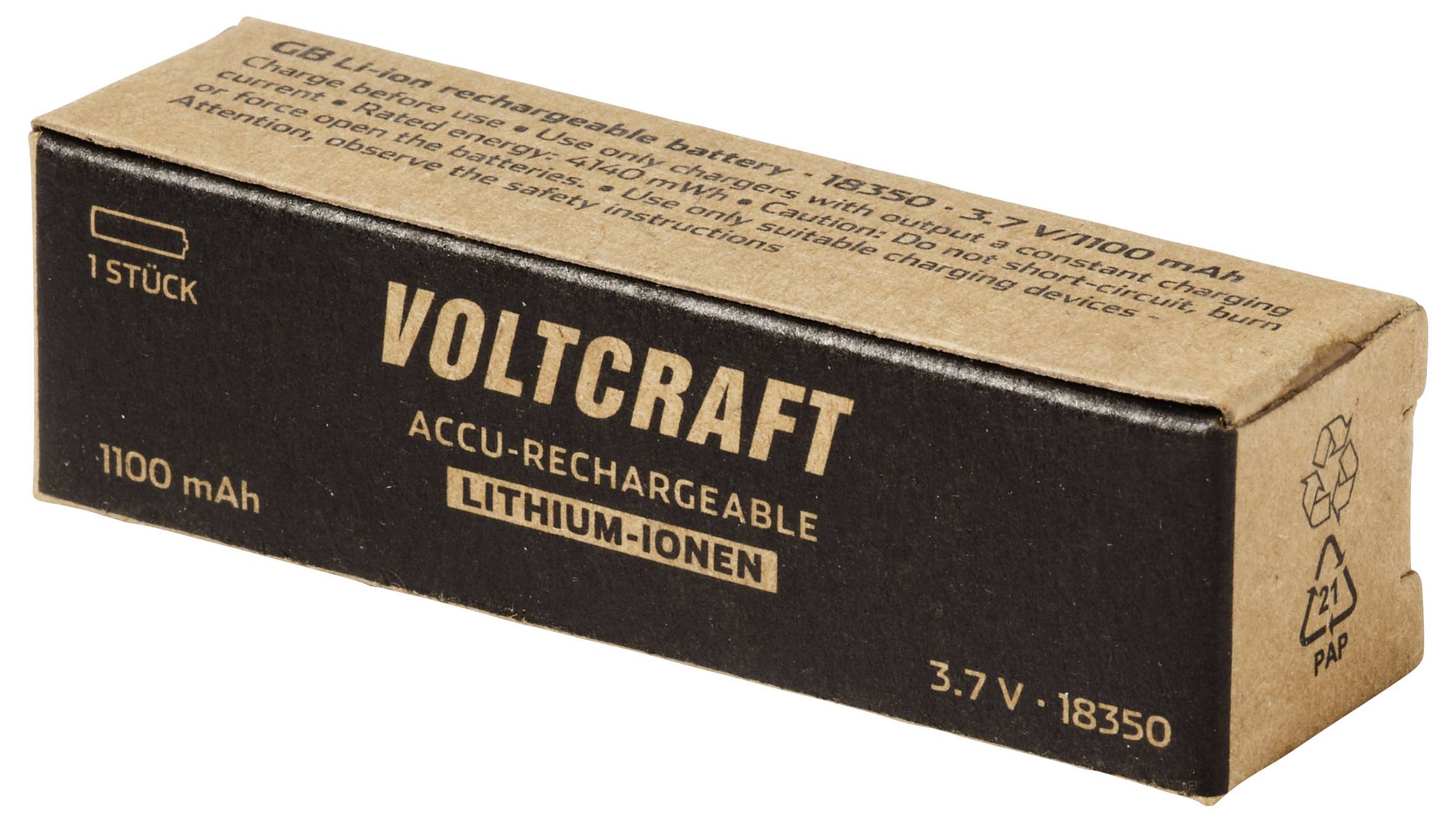 Voltcraft Akku aufladbarer Lithium-Ionen-Akkupack mit der Bezeichnung '3,7 V' und '1100 mAh' auf schwarzer und brauner Verpackung.