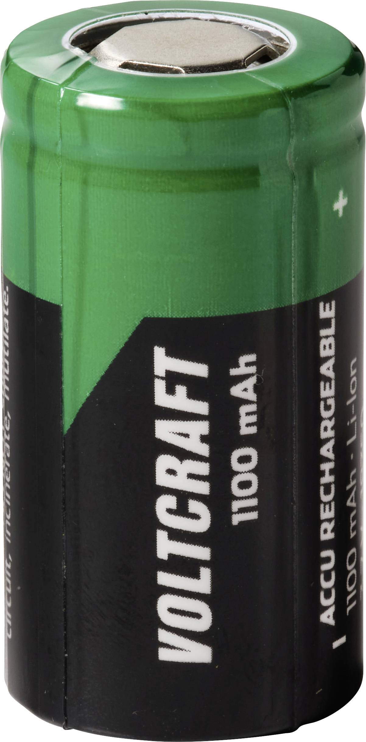 Grüne wiederaufladbare Voltcraft 1000-mAh-Batteriezelle mit schwarzem Etikett und sichtbarem Pluspol