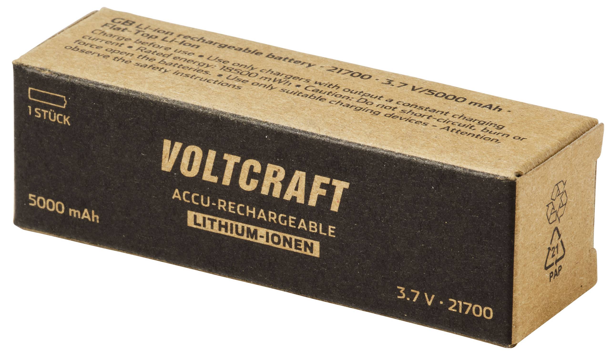 Voltcraft wiederaufladbarer Lithium-Ionen-Akkukasten, beschriftet 3,7 V, 21700, 5000 mAh, 1 Stück