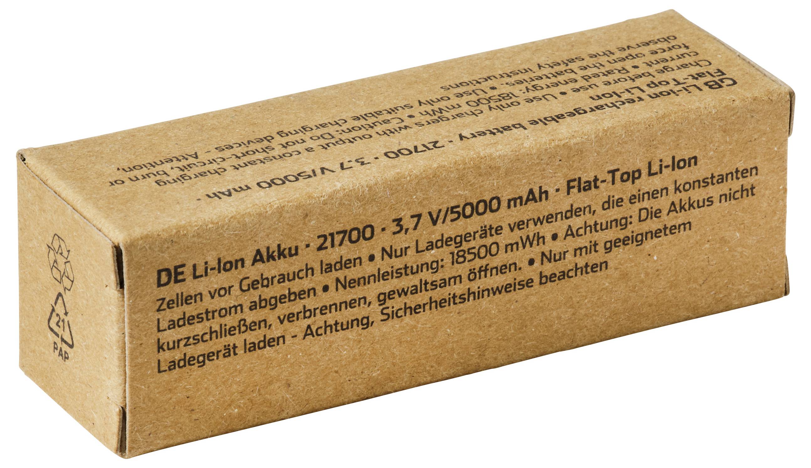Pappkarton mit der Aufschrift „DE Li-Ion Akku