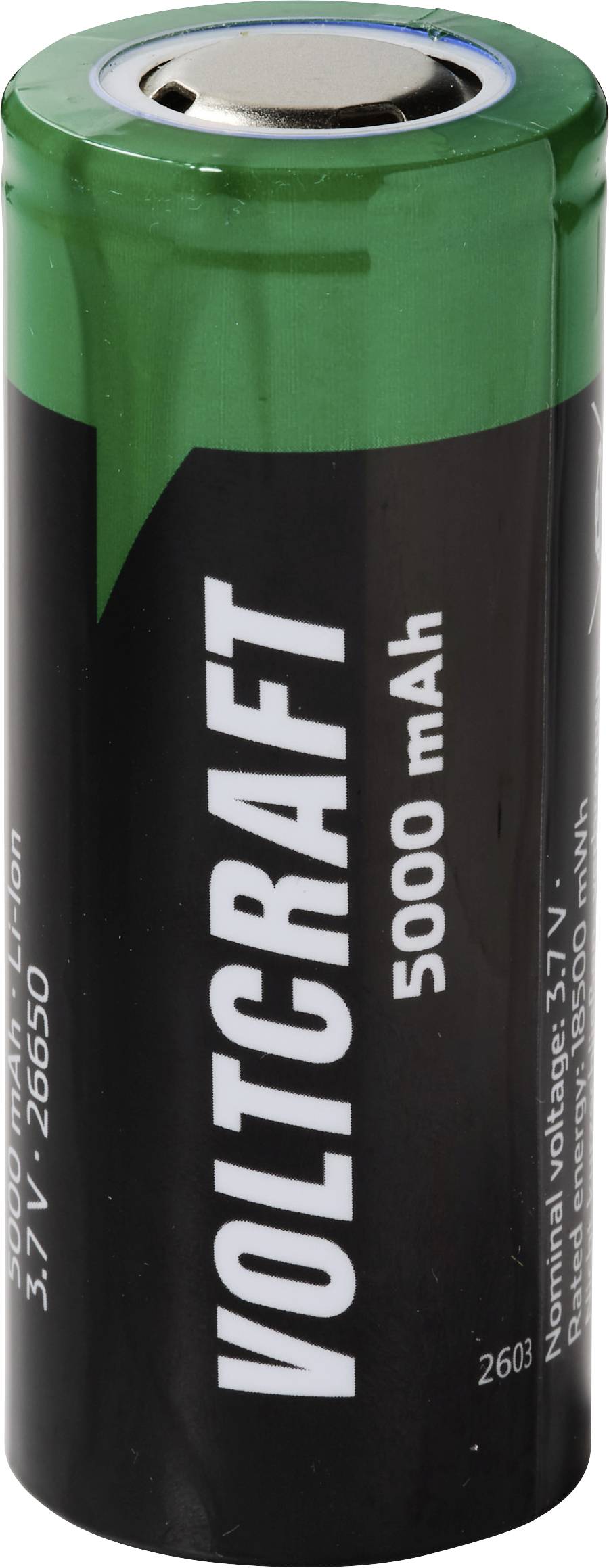 Grüne und schwarze wiederaufladbare Voltcraft 26650 Batterie, gekennzeichnet mit 3,7V und 5000 mAh.