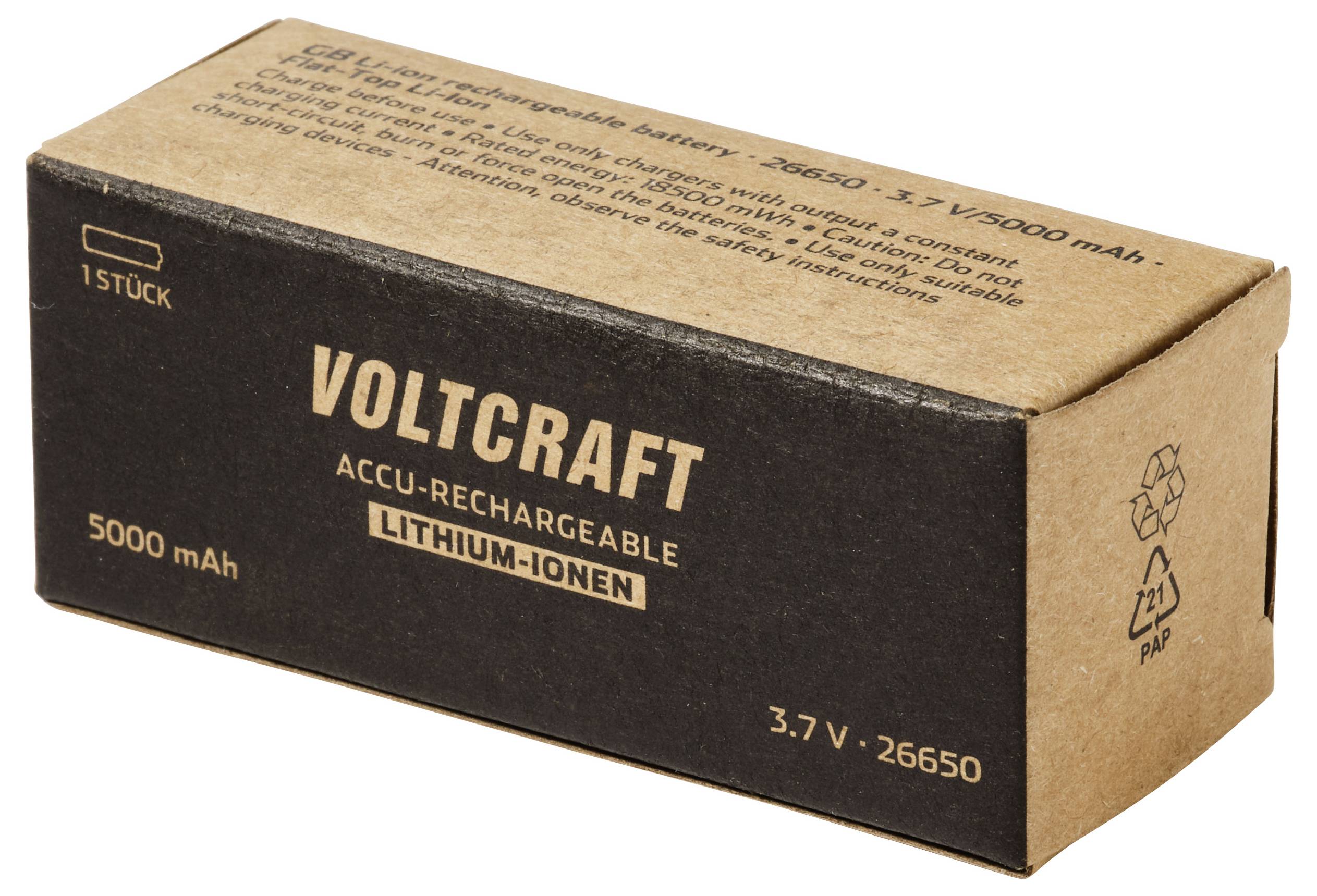 Pappkarton für einen Voltcraft 3,7V 26650 wiederaufladbaren Lithium-Ionen-Akku, beschriftet mit 5000 mAh und „1 Stück