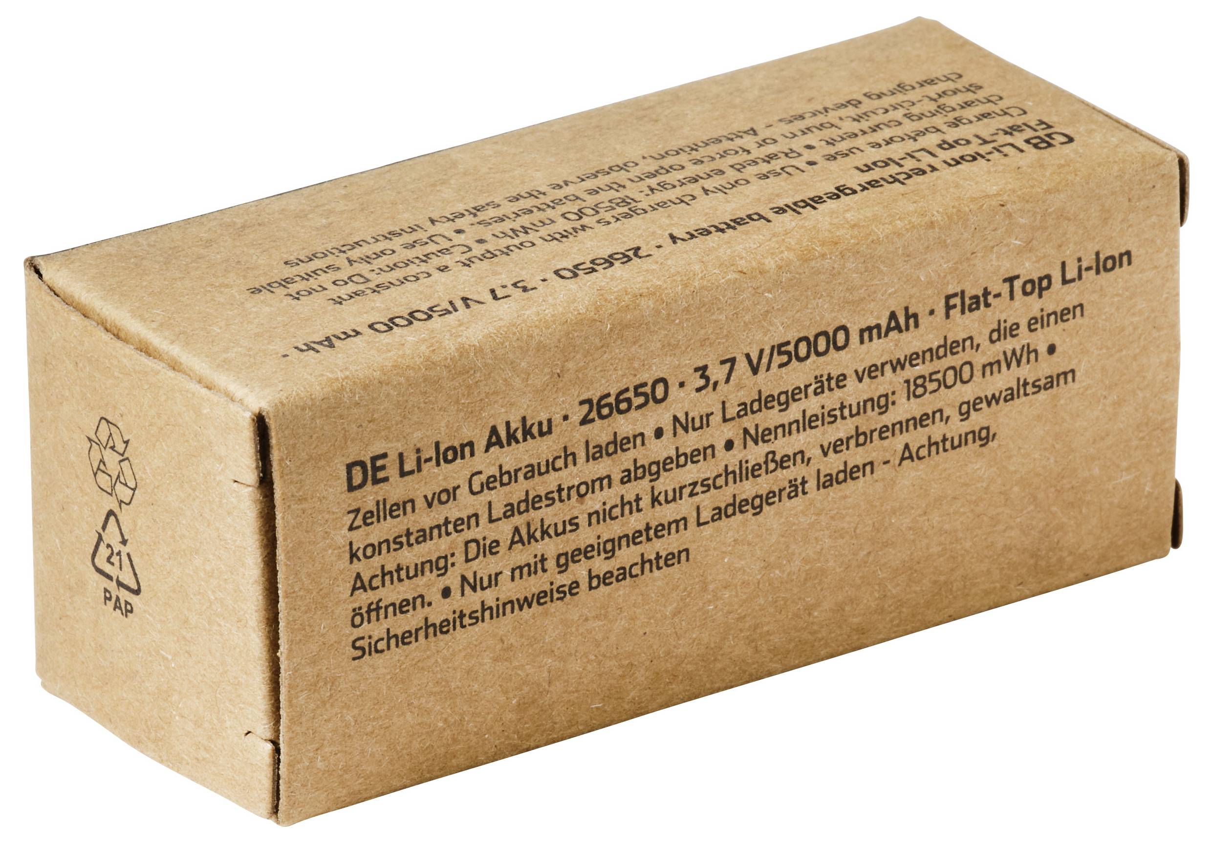 Braune Pappschachtel mit der Aufschrift „DE Li-Ion Akku - 26650 - 3,7 V/5000 mAh - Flat-Top Li-Ion