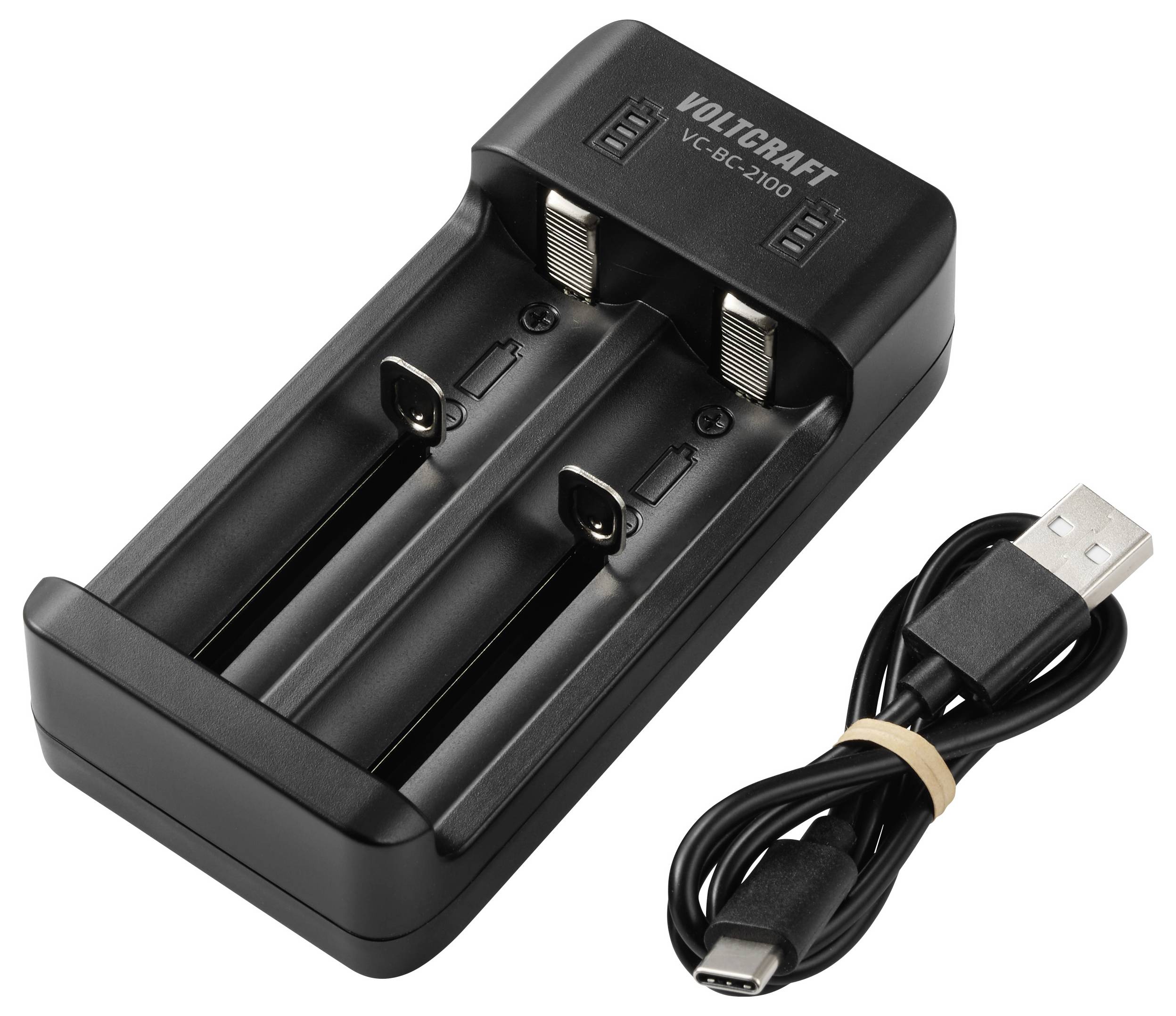 Ein schwarzes Dual-Slot-Ladegerät mit der Aufschrift „VOLTCRAFT VC-BC100
