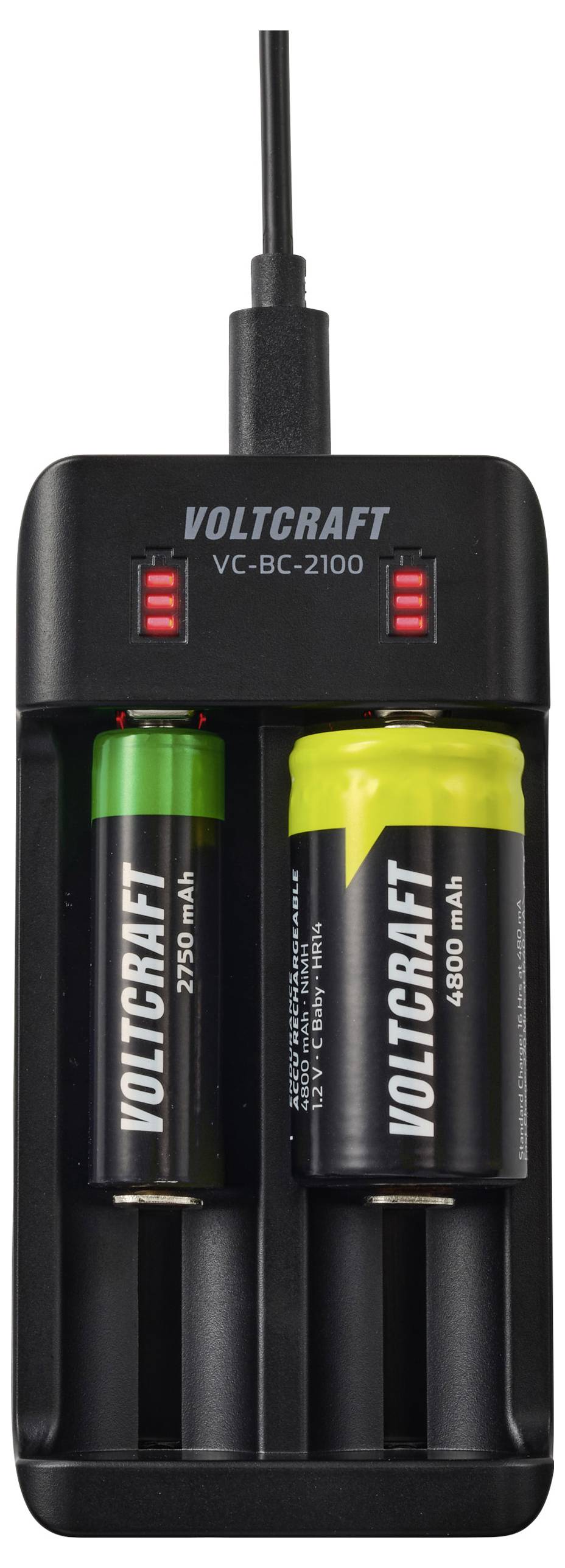Ein Batterieladegerät mit zwei eingesetzten wiederaufladbaren Batterien; die linke hat 2750 mAh und die rechte 4600 mAh. Rote Anzeigelichter sind sichtbar.