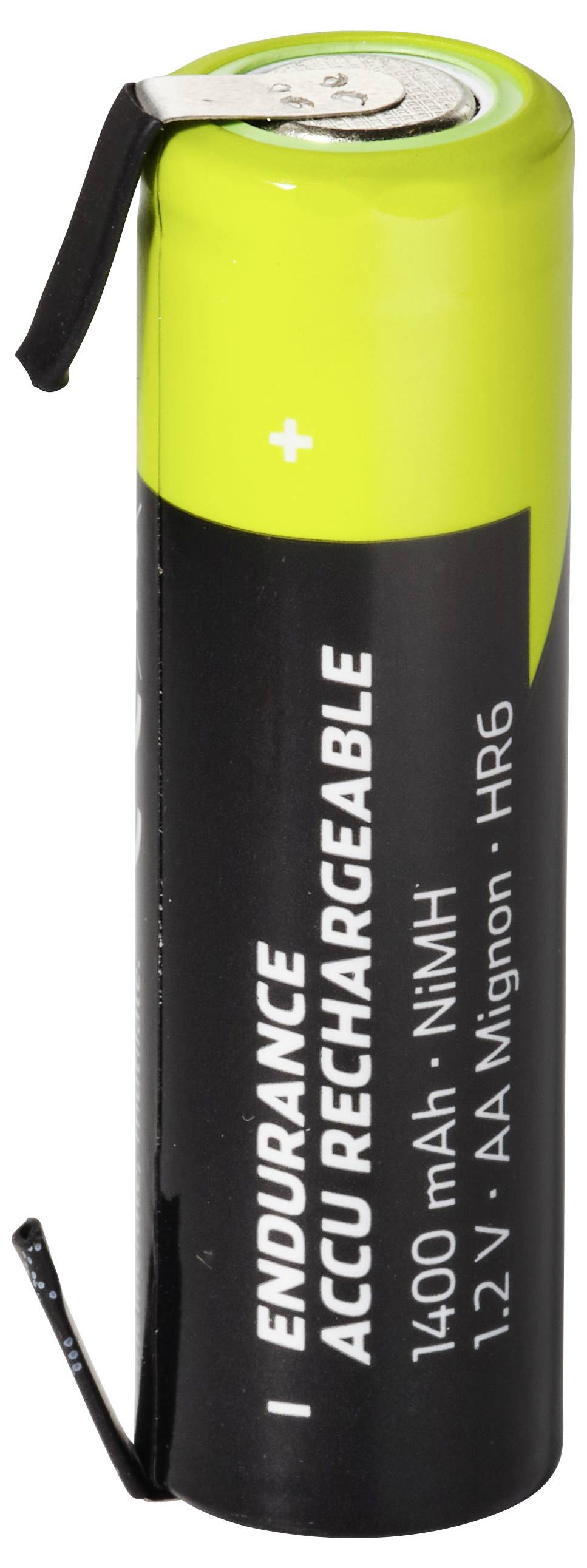 Gelb-schwarze wiederaufladbare AA-Batterie mit Metalloberseite und Seitenetiketten mit der Aufschrift „ENDURANCE ACCU RECHARGEABLE