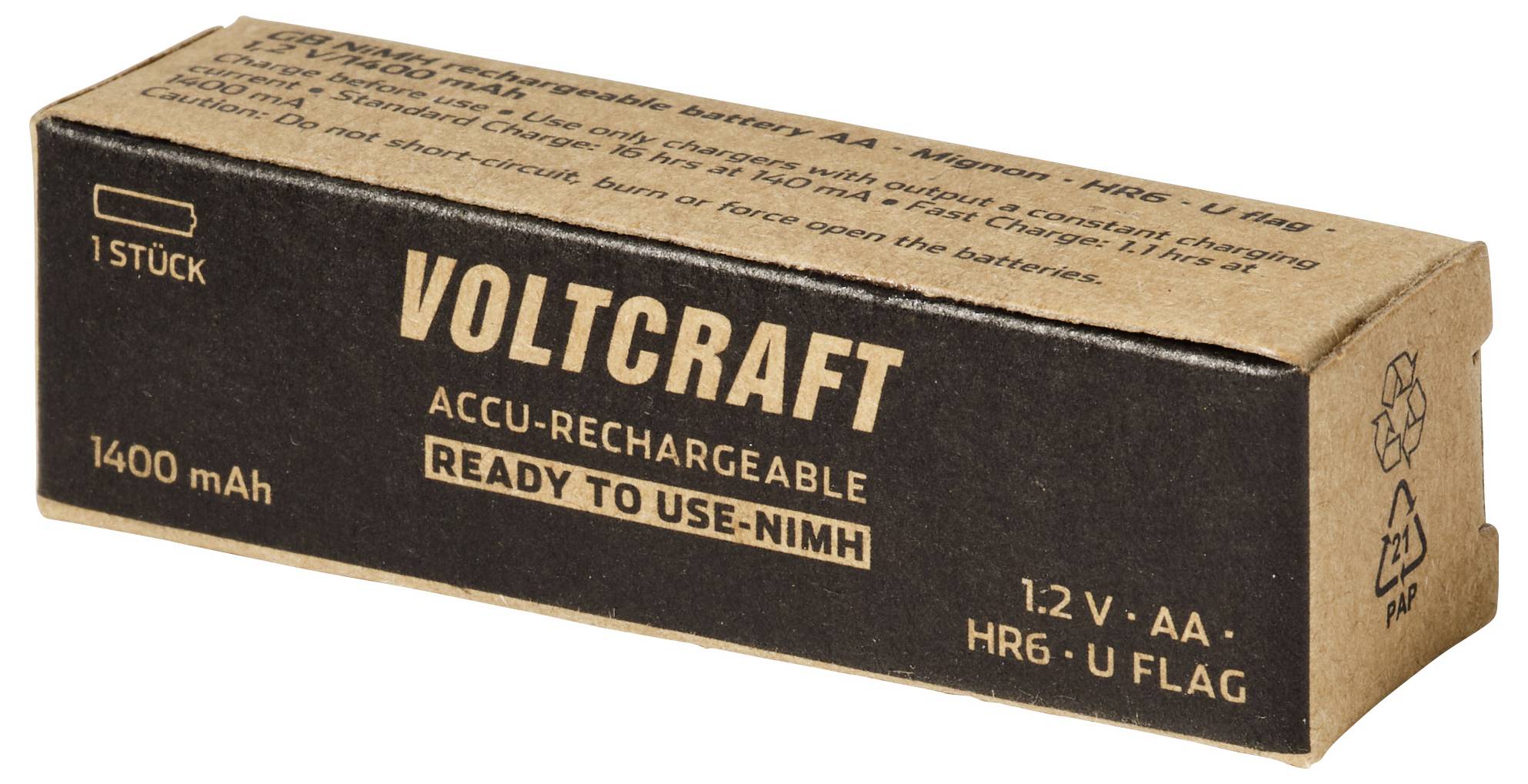 Verpackte Voltcraft 1,2V AA Akku-Batterie, NiMH, 1400 mAh, als einsatzbereit gekennzeichnet, gezeigt in Einzelhandelverpackung.