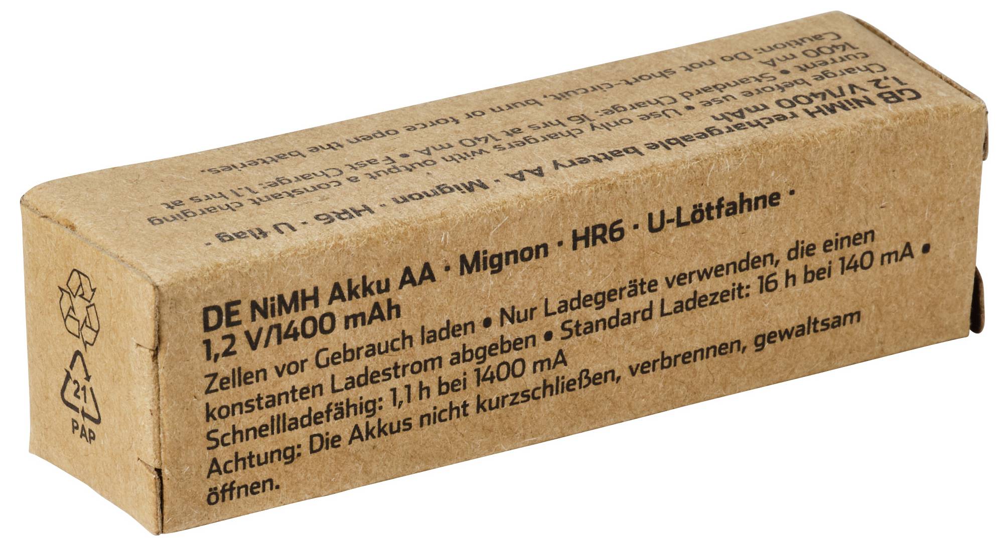 Braune Kartonnage für Batteriepack mit der Aufschrift „DE NiMH Akku AA