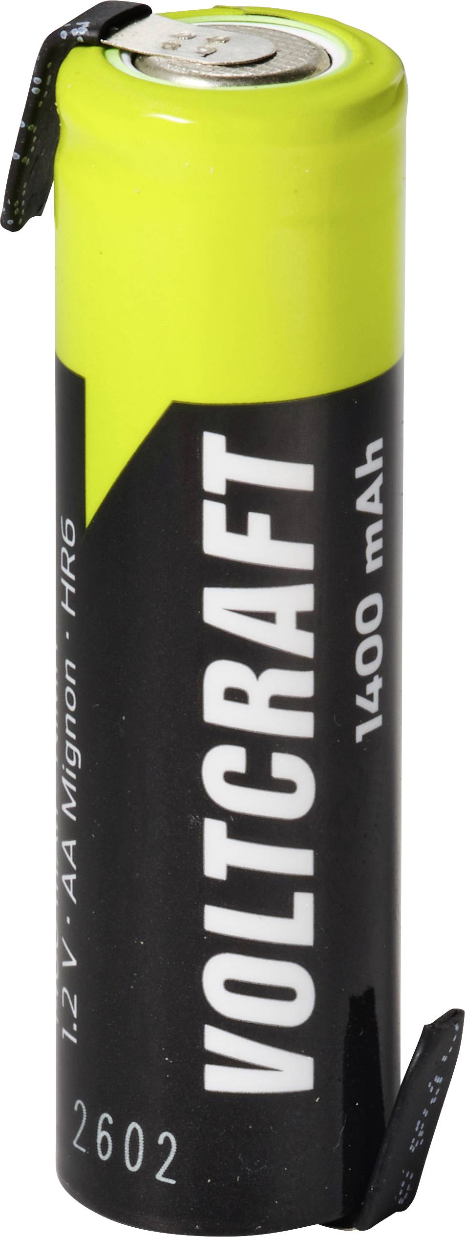 Eine schwarze und limegrüne Voltcraft 14,4V AA wiederaufladbare Batterie mit freiliegenden Ober- und Unterseiten-Anschlüssen.