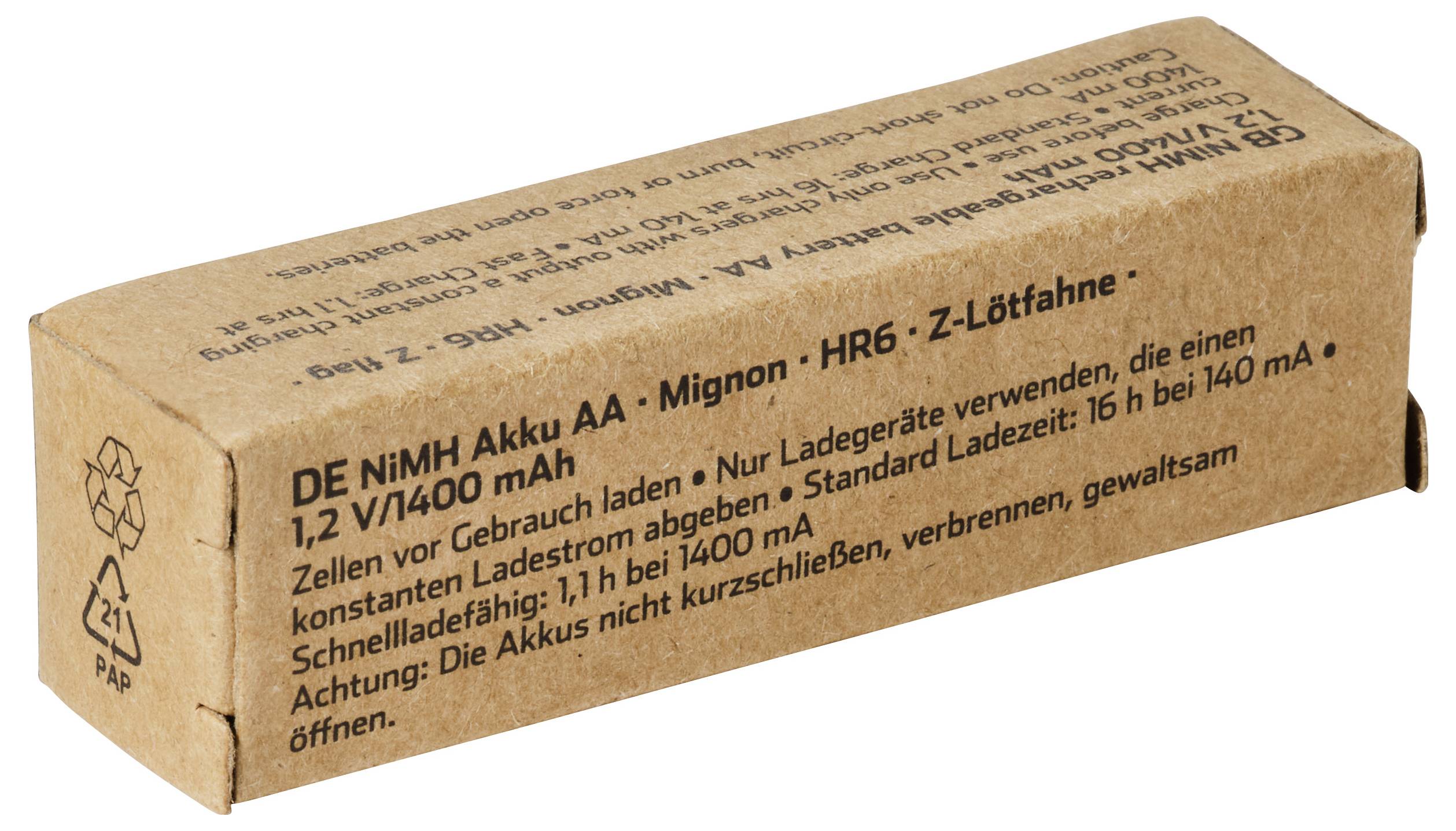 Pappbatterieset mit Etikett „DE NiMH Akku AA - Mignon - HR6 - Z-Lötfahne