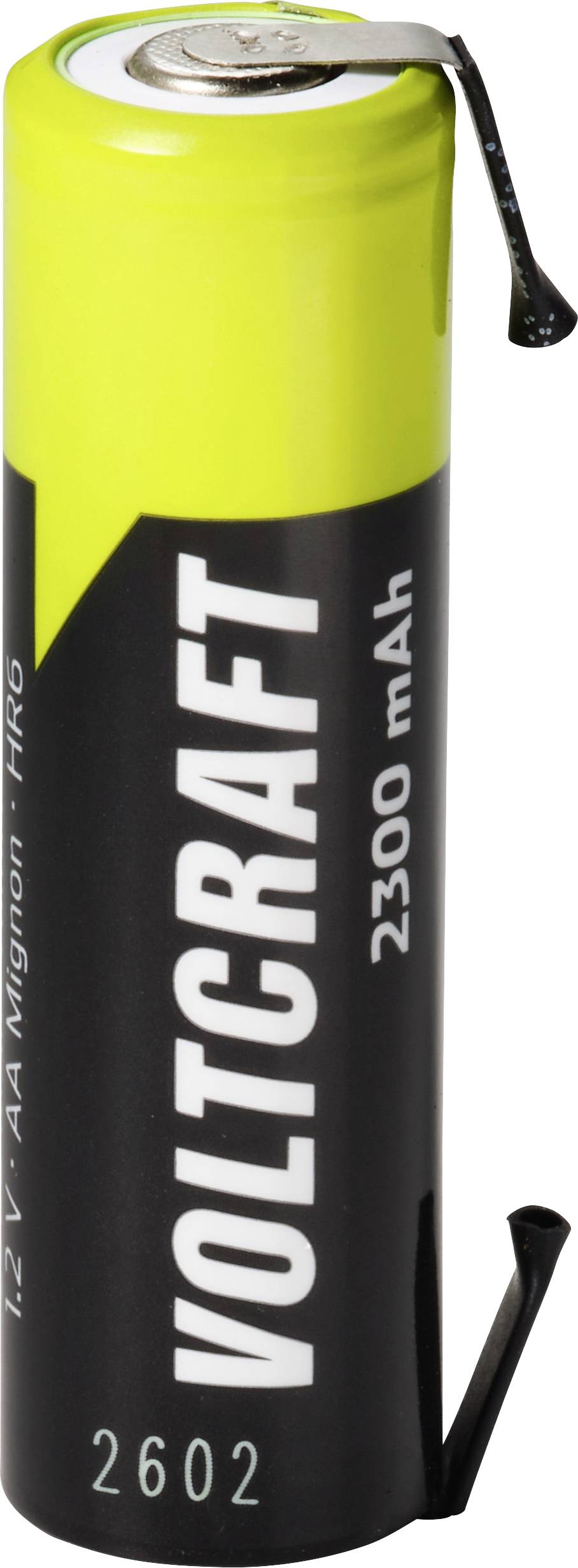 Eine gelb-schwarze Voltcraft 2300-mAh-AA-Akku mit Metallanschlüssen und der Nummer 2602 oben im unteren Bereich aufgedruckt.