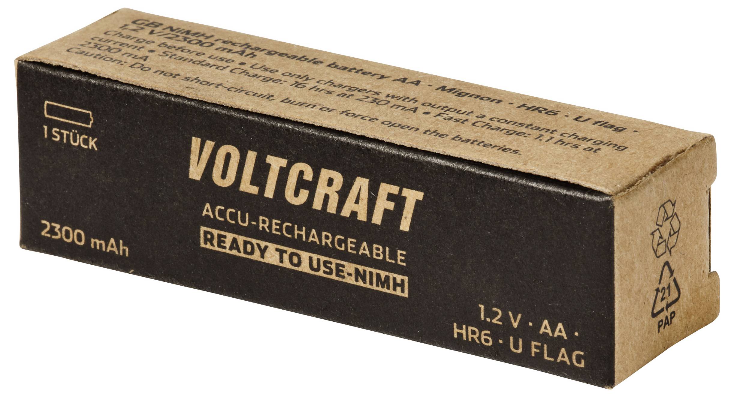 Voltcraft Akku-wiederaufladbare 2300 mAh AA-Batterie, Karton mit Aufschrift 'READY TO USE NMH' und '1.2 V AA'