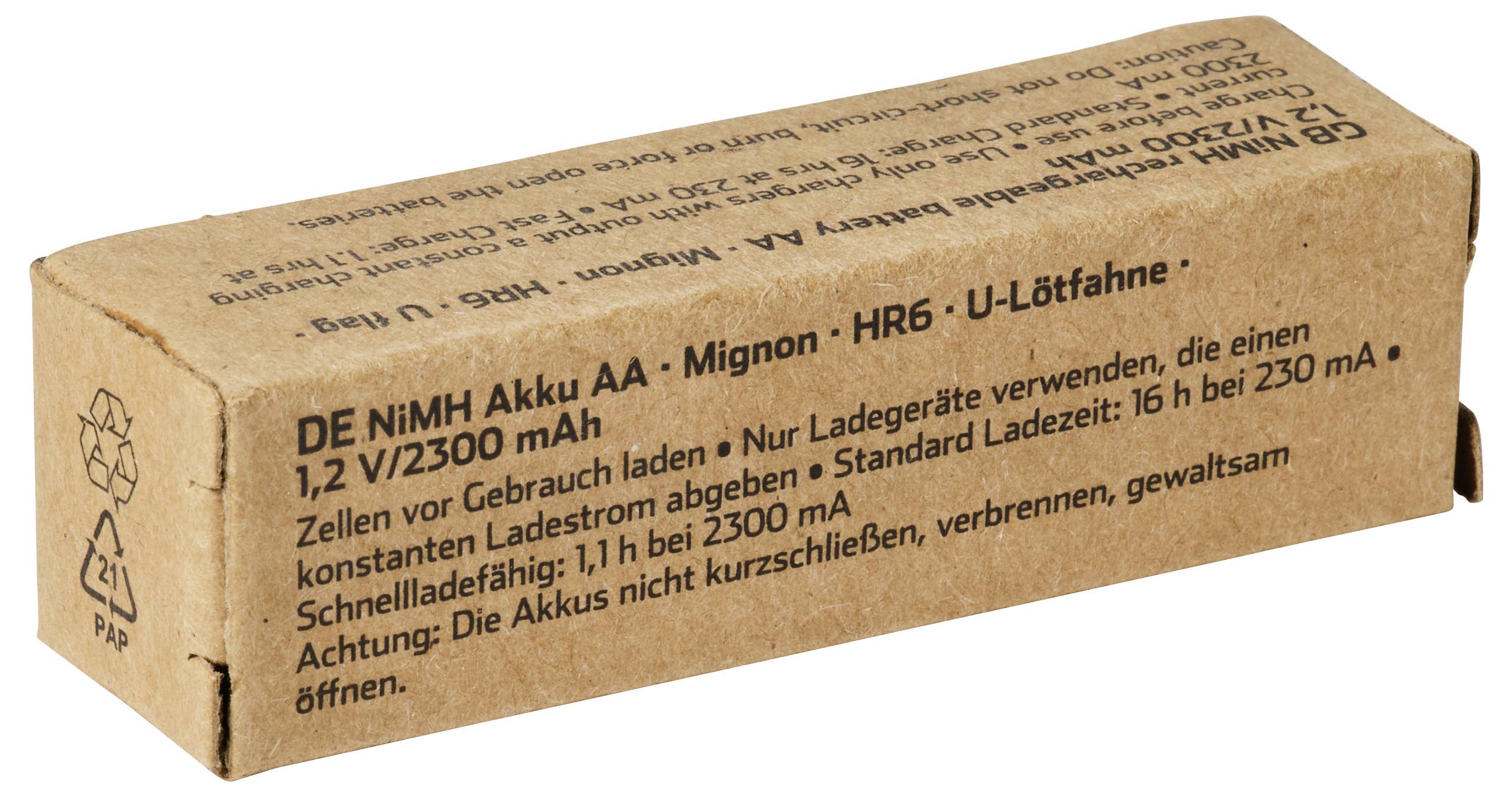 Brauner Karton für DE NiMH AA Batteriepack, gekennzeichnet mit 1,2V/2300 mAh mit deutschen Sicherheits- und Ladeanweisungen.