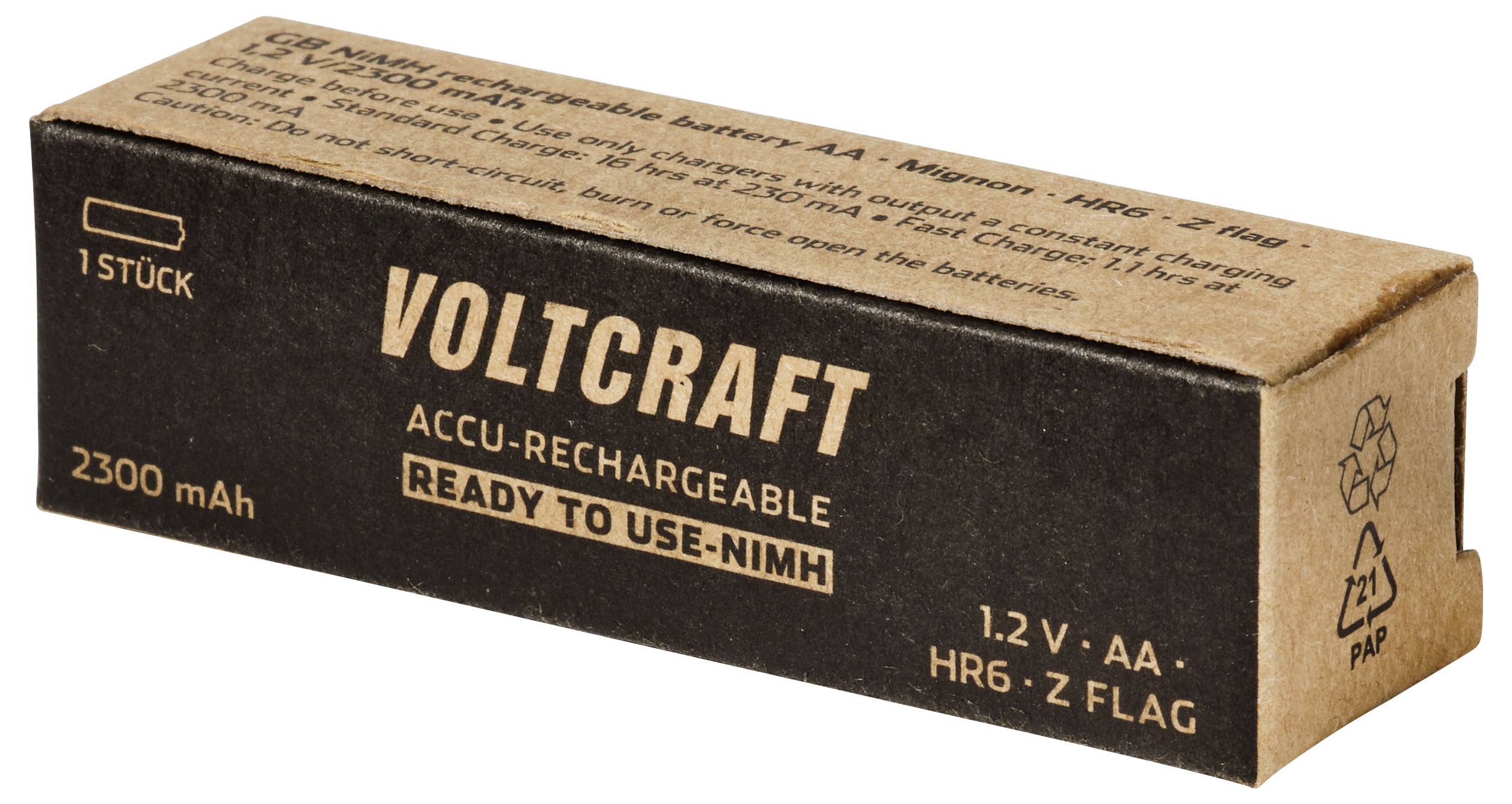 Packung wiederaufladbarer NiMH-Batterien der Marke Voltcraft vom Typ AA, mit der Aufschrift „READY TO USE-NiMH