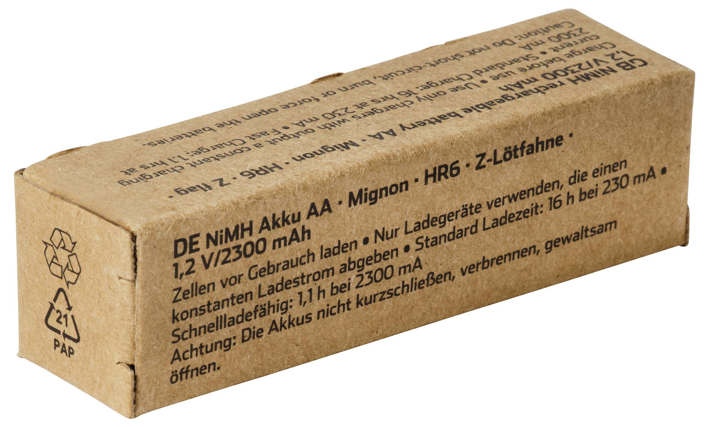 Pappkarton mit wiederaufladbaren AA-Batterien mit Etikett „DE NiMH Akku AA · Mignon · HR6 · Z-Lötfahne