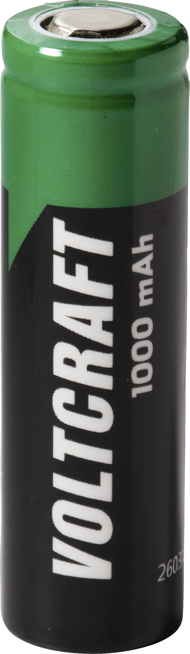 Grüne Voltcraft 1000-mAh-Batterie aufrecht dargestellt mit schwarzem Etikett und silberner Oberseite.