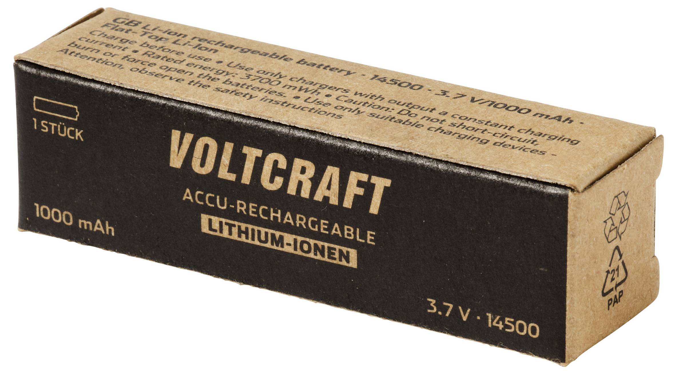 Voltcraft 3,7V 14500 1000 mAh wiederaufladbare Lithium-Ionen-Batterie, in der Verpackung gezeigt.