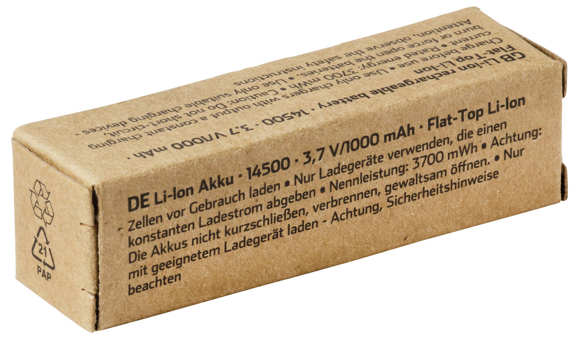 Braune Pappschachtei mit der Aufschrift DE Li-Ionen Akku 14500, 3,7V 7000 mAh Flat-Top Batteriepaket, auf weißem Hintergrund gezeigt.