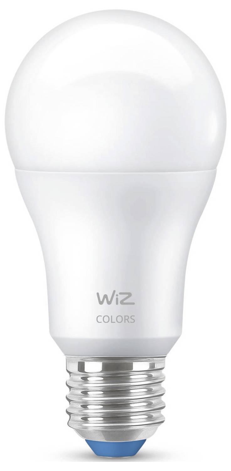 Smarte LED-Glühbirne, bezeichnet als 'WiZ COLORS', mit Standard-Glühbirnenform, weißem Finish und silberner Basis mit blauer Spitze.