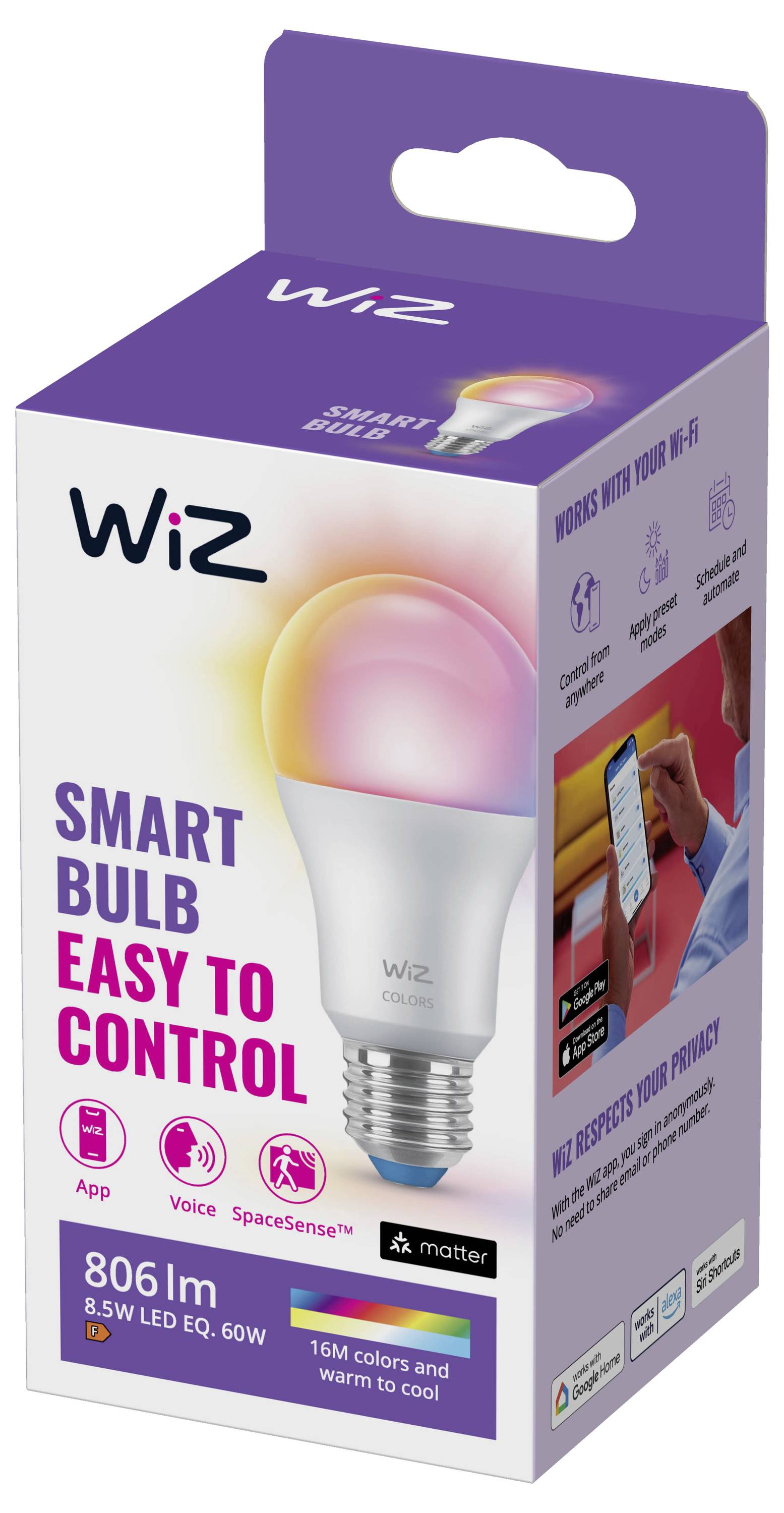 Verpackung der WiZ Smart Glühbirne mit einer mehrfarbigen LED-Glühbirne. Der Text hebt die einfache Steuerung per App, Sprache oder Smart-Assistenten hervor, mit 16 Millionen Farben.