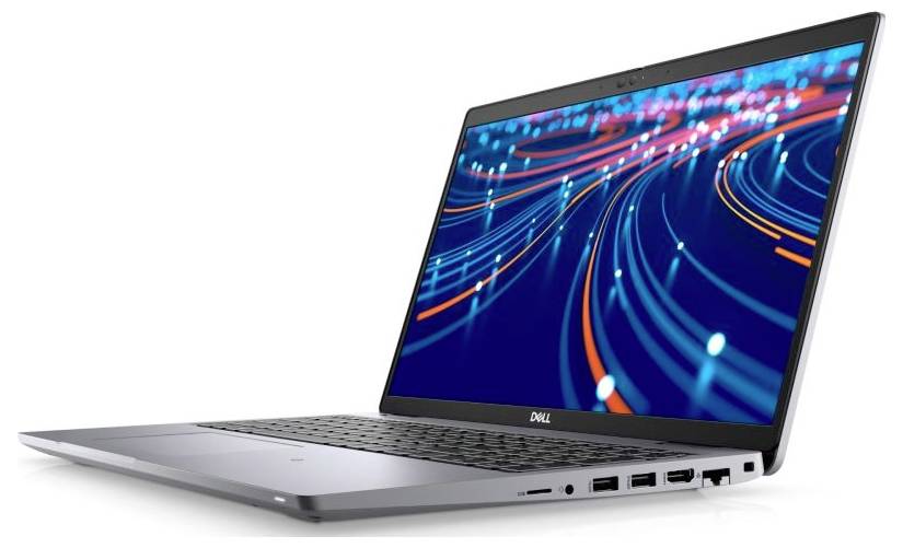Ein silberner Laptop mit einem bunten abstrakten Design auf seinem Bildschirm, der eine Mischung aus geschwungenen Linien und hellen Punkten zeigt.