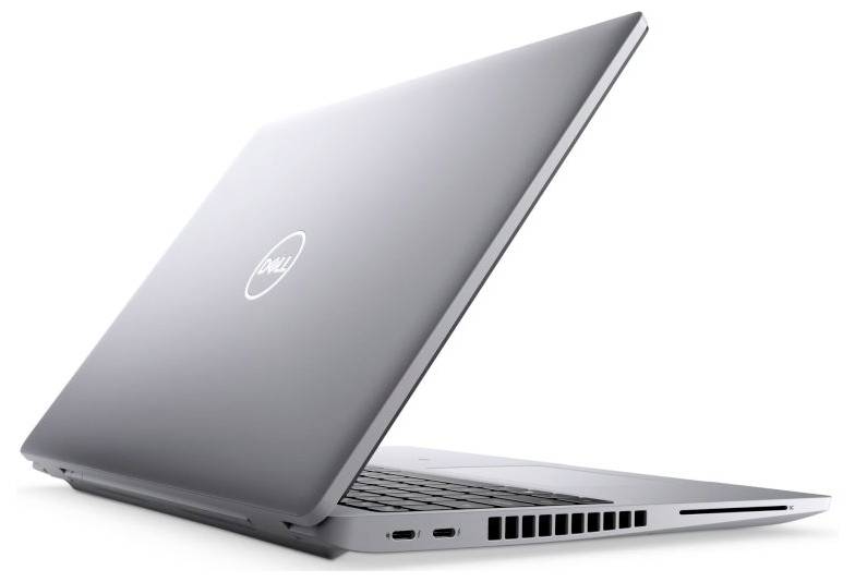 Ein schlanker silberner Laptop, halb geöffnet, wobei die linke Seite verschiedene Anschlüsse und Belüftungsschlitze zeigt.