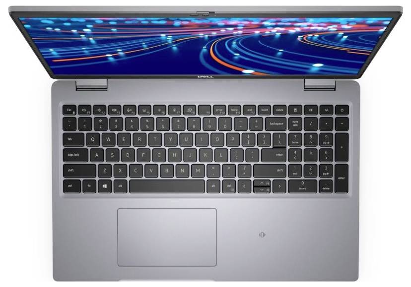 Blick von oben auf einen geöffneten Laptop mit einer lebhaften, abstrakten Bildschirmanzeige. Tastatur und Touchpad sind sichtbar, mit einem schlanken, modernen Design.