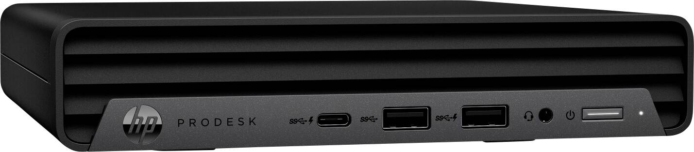 Ein kompakter schwarzer HP ProDesk Mini-Desktop-Computer mit USB- und Audioanschlüssen auf der Frontplatte, geeignet für Büro- oder persönliche Nutzung.