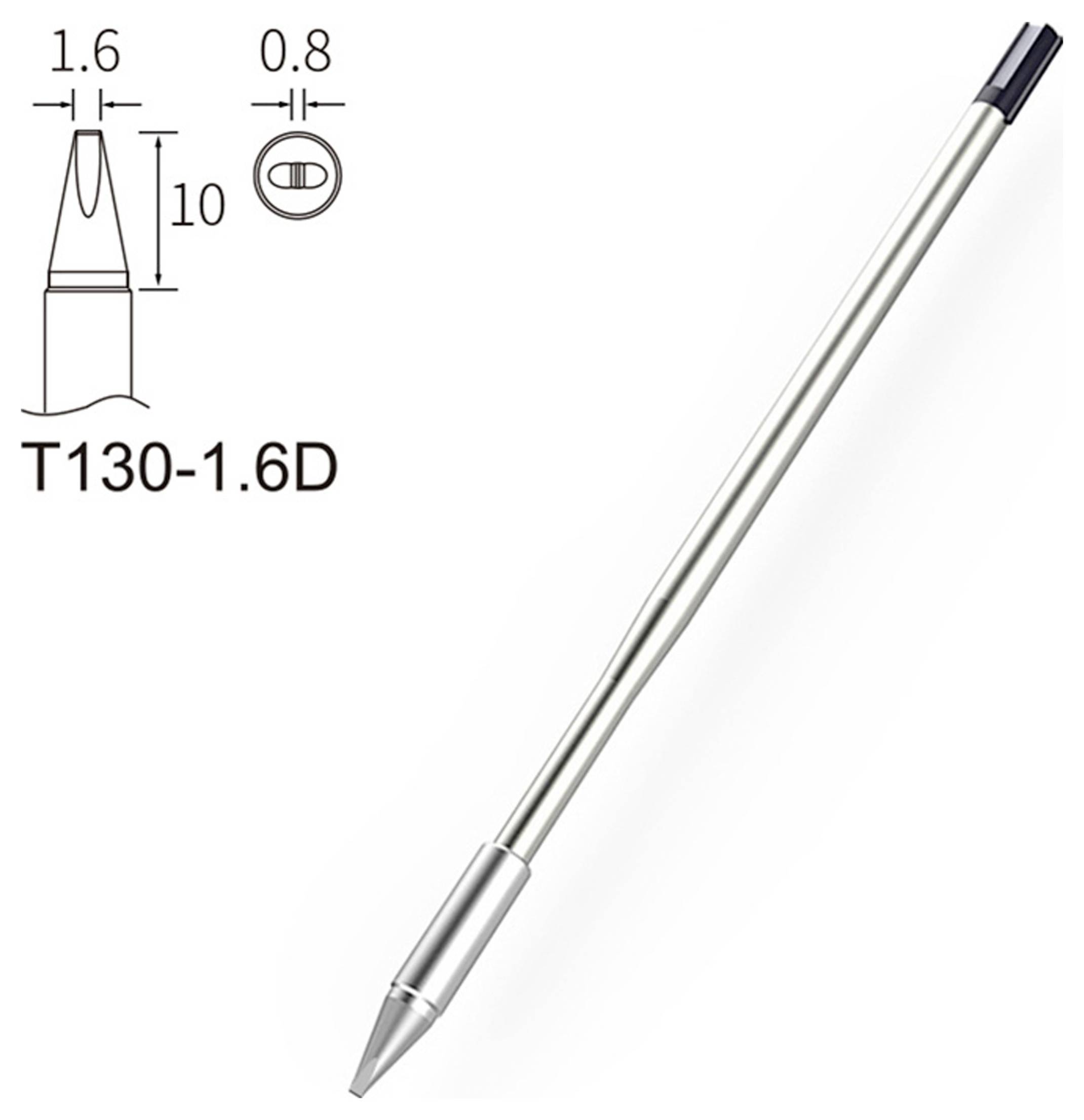 Lötkolbenspitze, Modell T130-1.6D; Diagramm zeigt Abmessungen: 1,6 mm Durchmesser, 10 mm Länge, 0,8 mm Spitzenbreite.