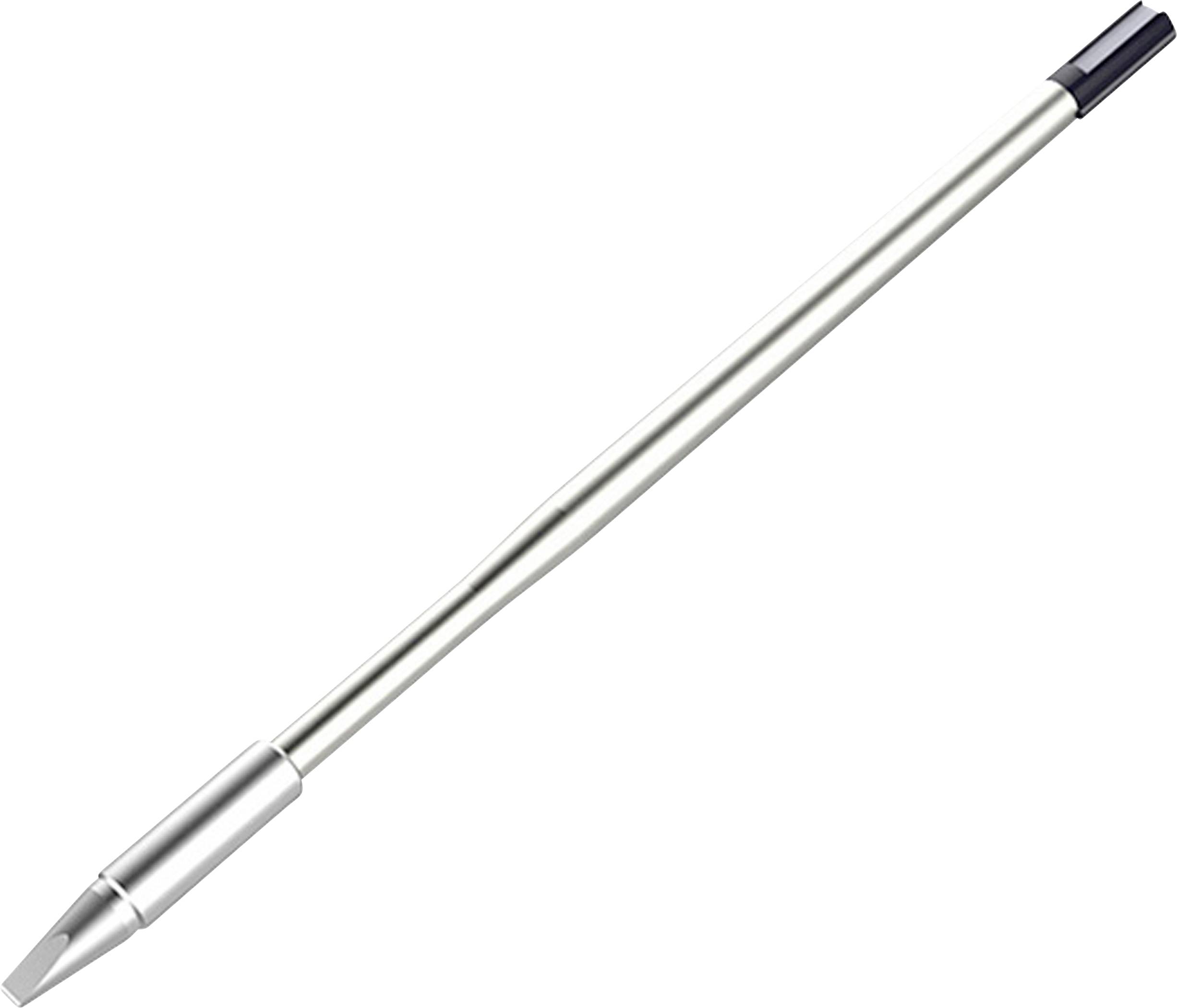Ein schlanker, silberner Stylus-Stift mit schwarzer Spitze, entwickelt für Touchscreen-Geräte, wird vor einem schlichten weißen Hintergrund präsentiert.