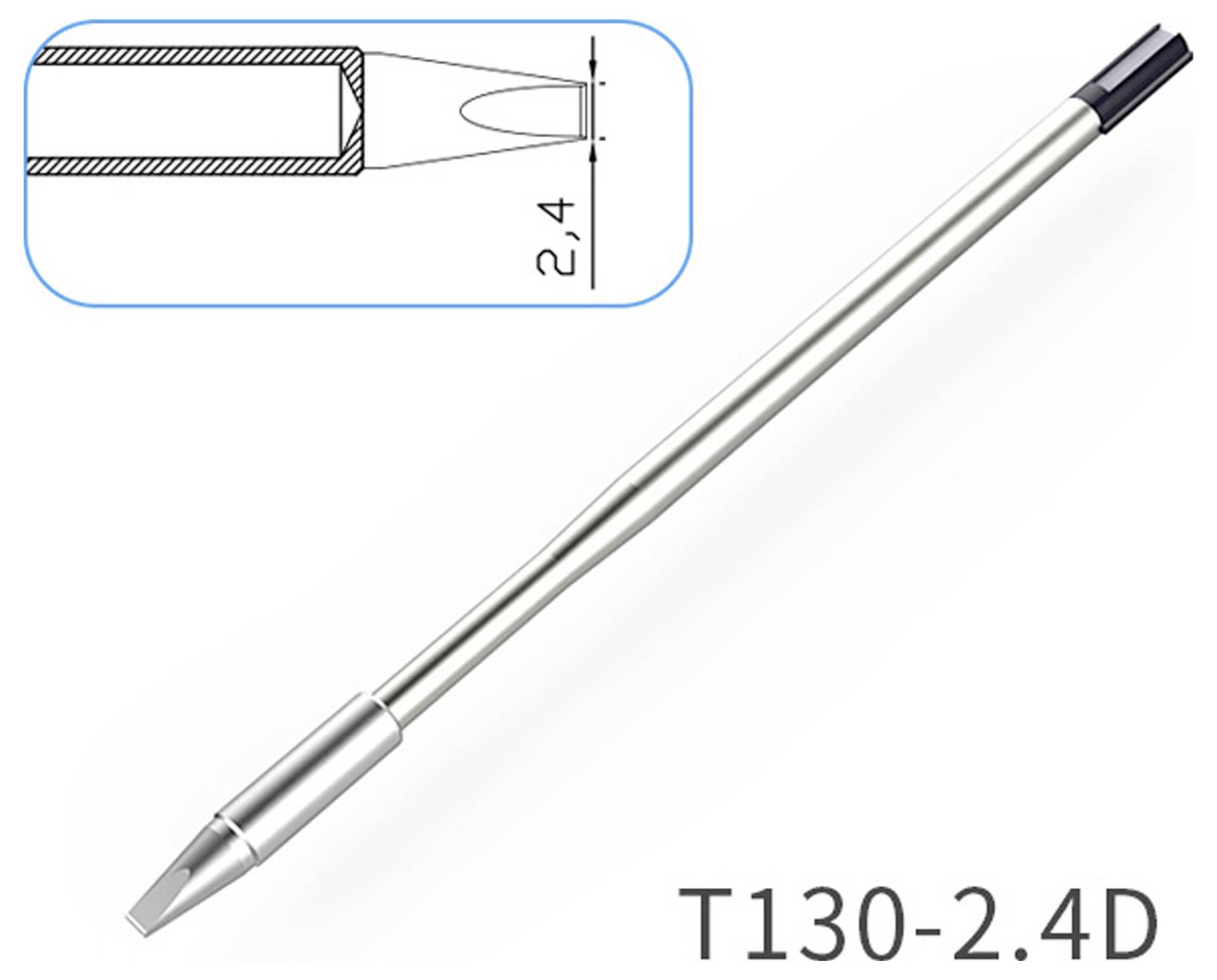 Lötkolbenspitze T130-2.4D, dargestellt mit einem Querschnittsdiagramm, das Abmessungen von 2,4 mm zeigt.