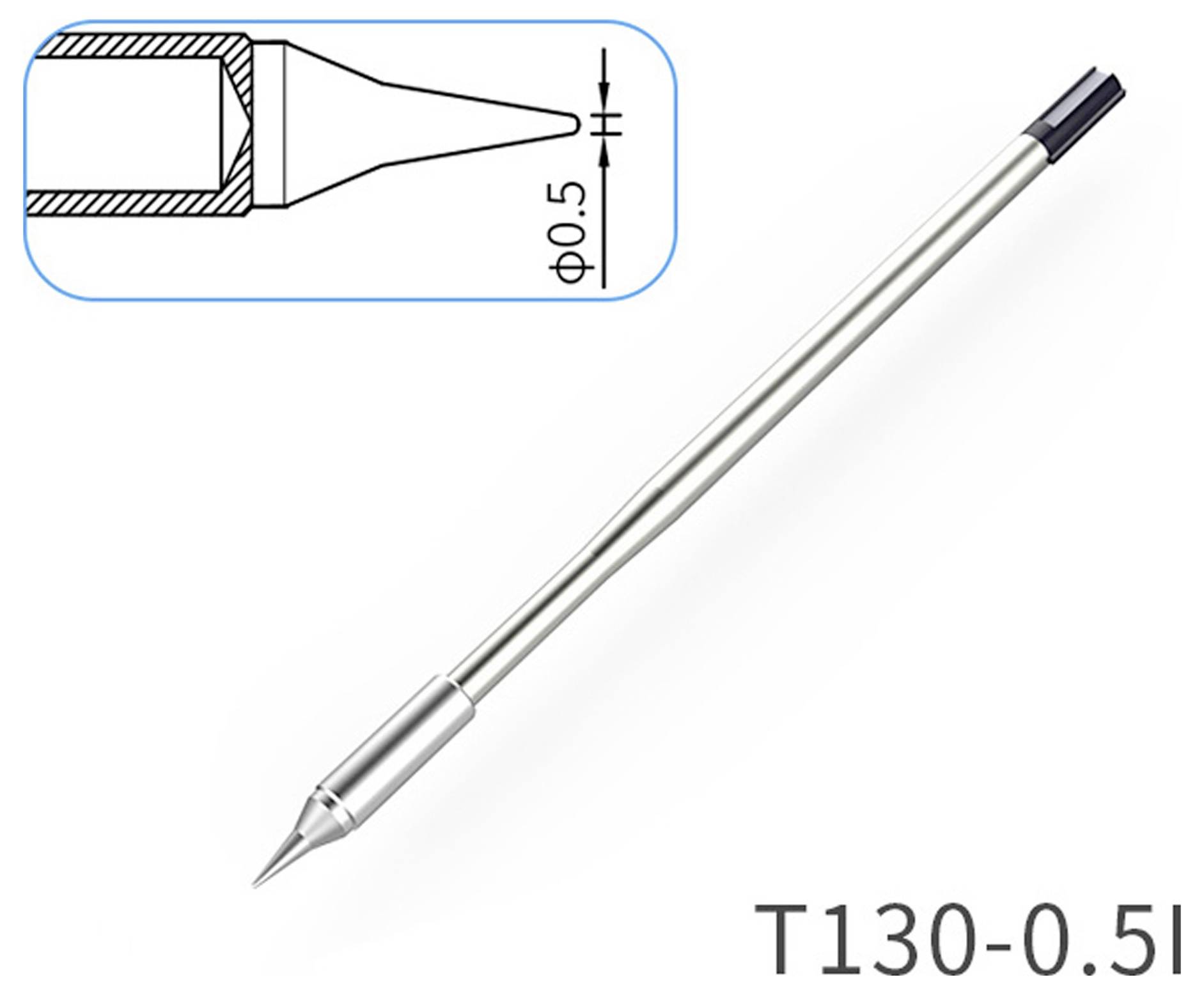 Lötkolbenspitze T130-0.5I, dünn und präzise, mit eingesetztem Diagramm, das ihre Abmessungen zeigt und einen Durchmesser von 0,5 mm hervorhebt.