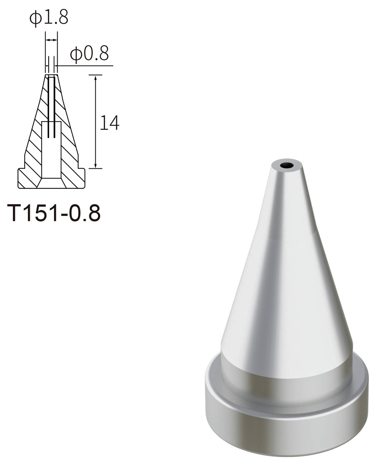 Lötspitze T151-0,8; Abmessungen: Durchmesser 1,8 mm, Spitzendurchmesser 0,8 mm, Länge 14 mm.
