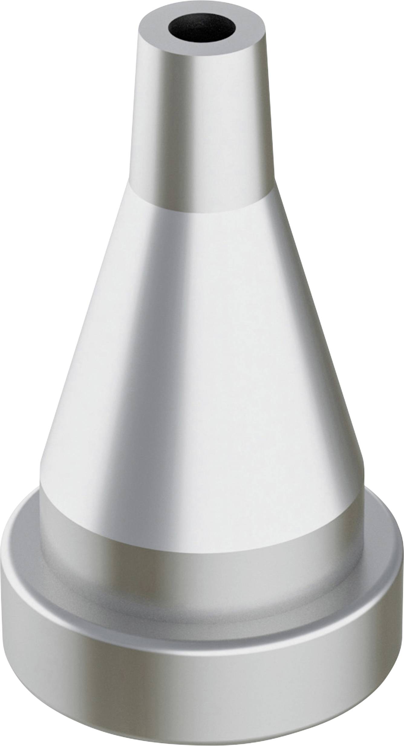 Konische Metalldüse mit enger Öffnung an der Spitze, breiter Basis und glatter Metalloberfläche, üblicherweise verwendet zur Steuerung von Luft- oder Flüssigkeitsströmung.