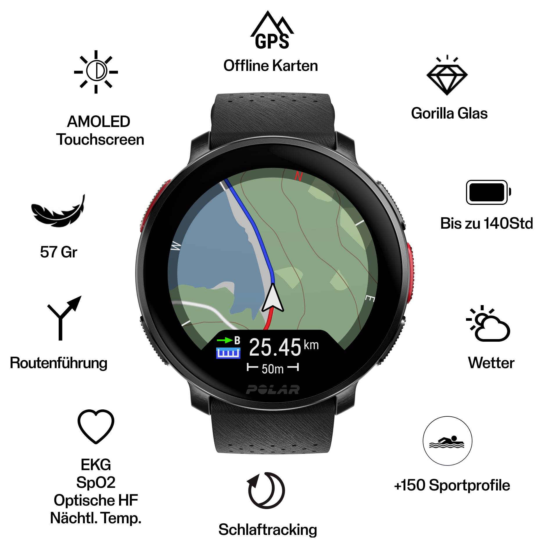 Eine Smartwatch, die eine Karte mit Routenführung anzeigt. Umgebende Symbole heben Funktionen hervor: GPS, AMOLED-Touchscreen, Herzfrequenz, Schlaftracking und Sportprofile.
