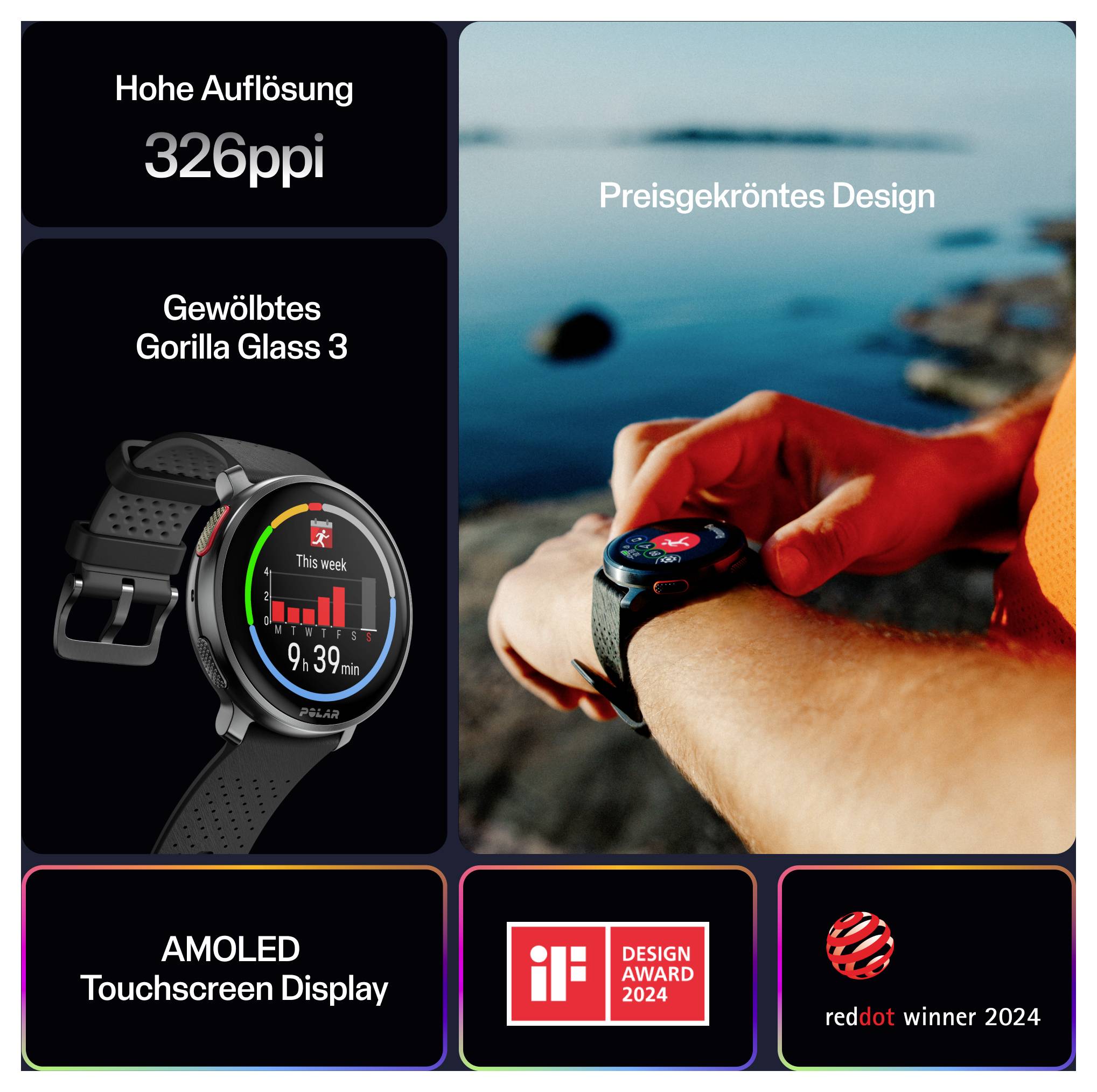 Ein Smartwatch-Werbung mit Hervorhebung der Merkmale: '326ppi', 'Gebogenes Gorilla Glass 3', 'AMOLED-Touchscreen', 'Preisgekröntes Design'.