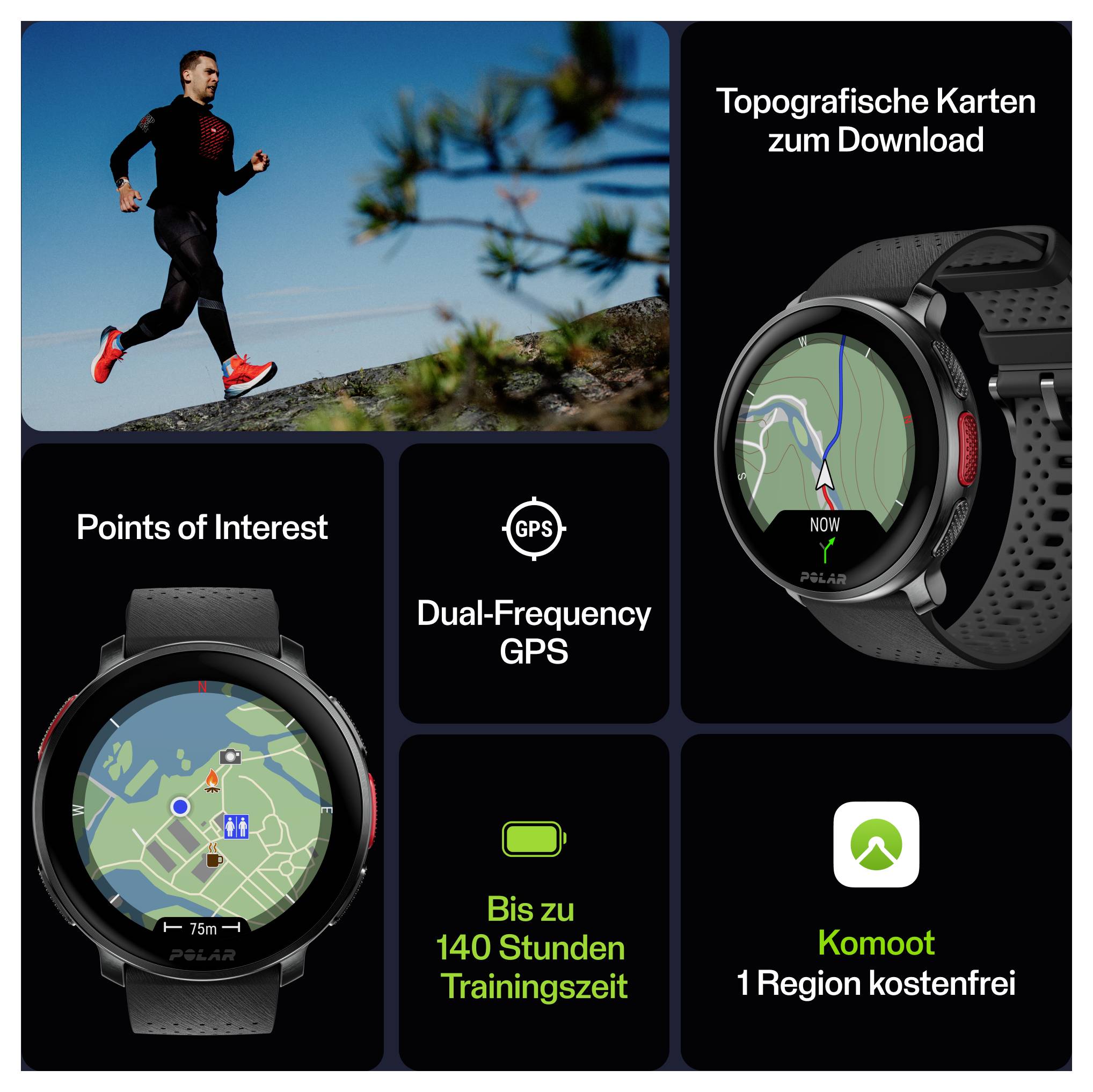 Mann joggt mit Smartwatch, die GPS-Route anzeigt; ausgestattet mit Multi-Frequenz-GPS, topografischen Karten, Punkten von Interesse und langer Batterielaufzeit.