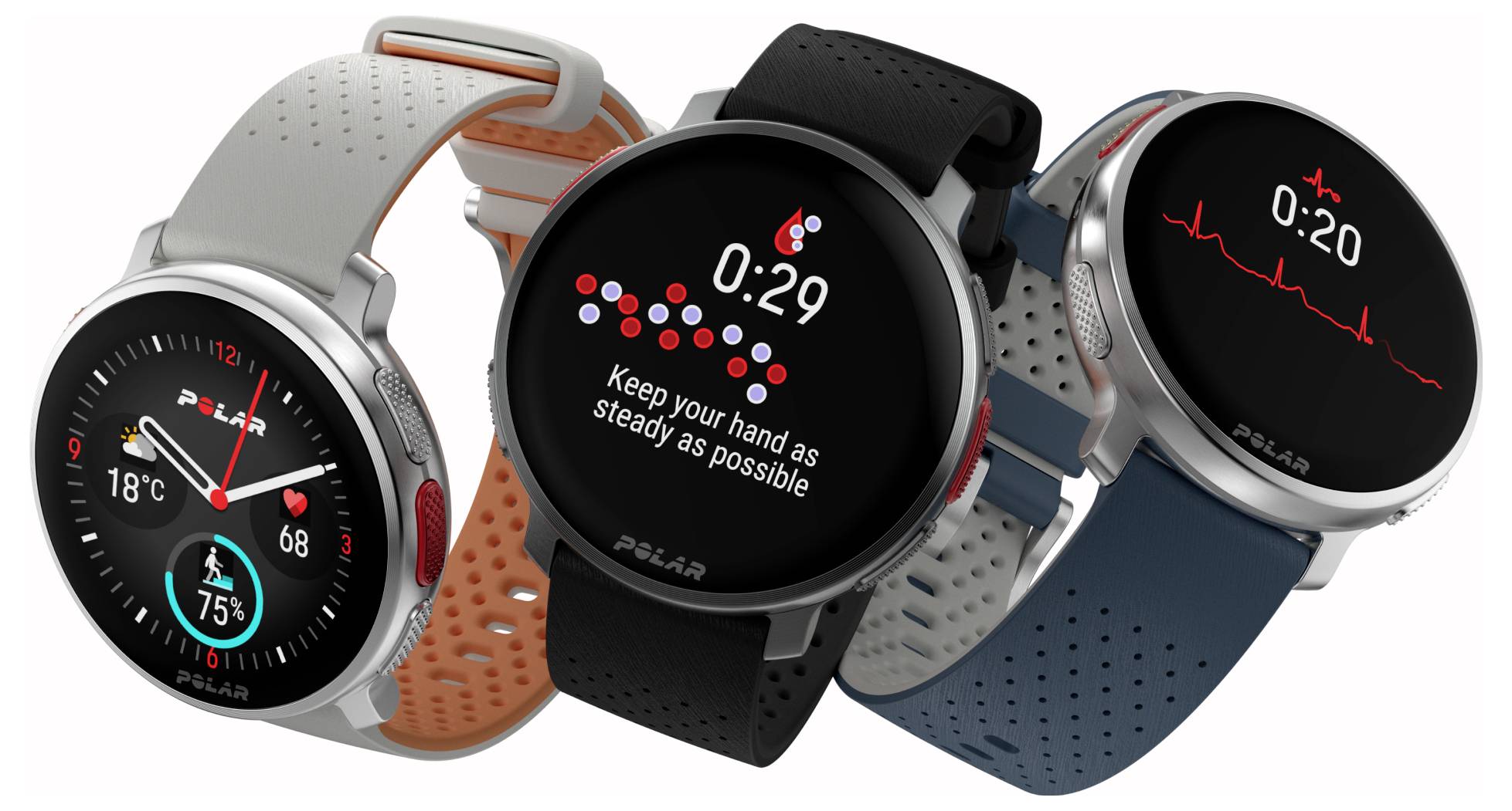 Drei Smartwatches mit farbigen Bändern zeigen gesundheitsbezogene Bildschirme: Herzfrequenz bei 68, Handstabilitätsaktivität und EKG-Messung.