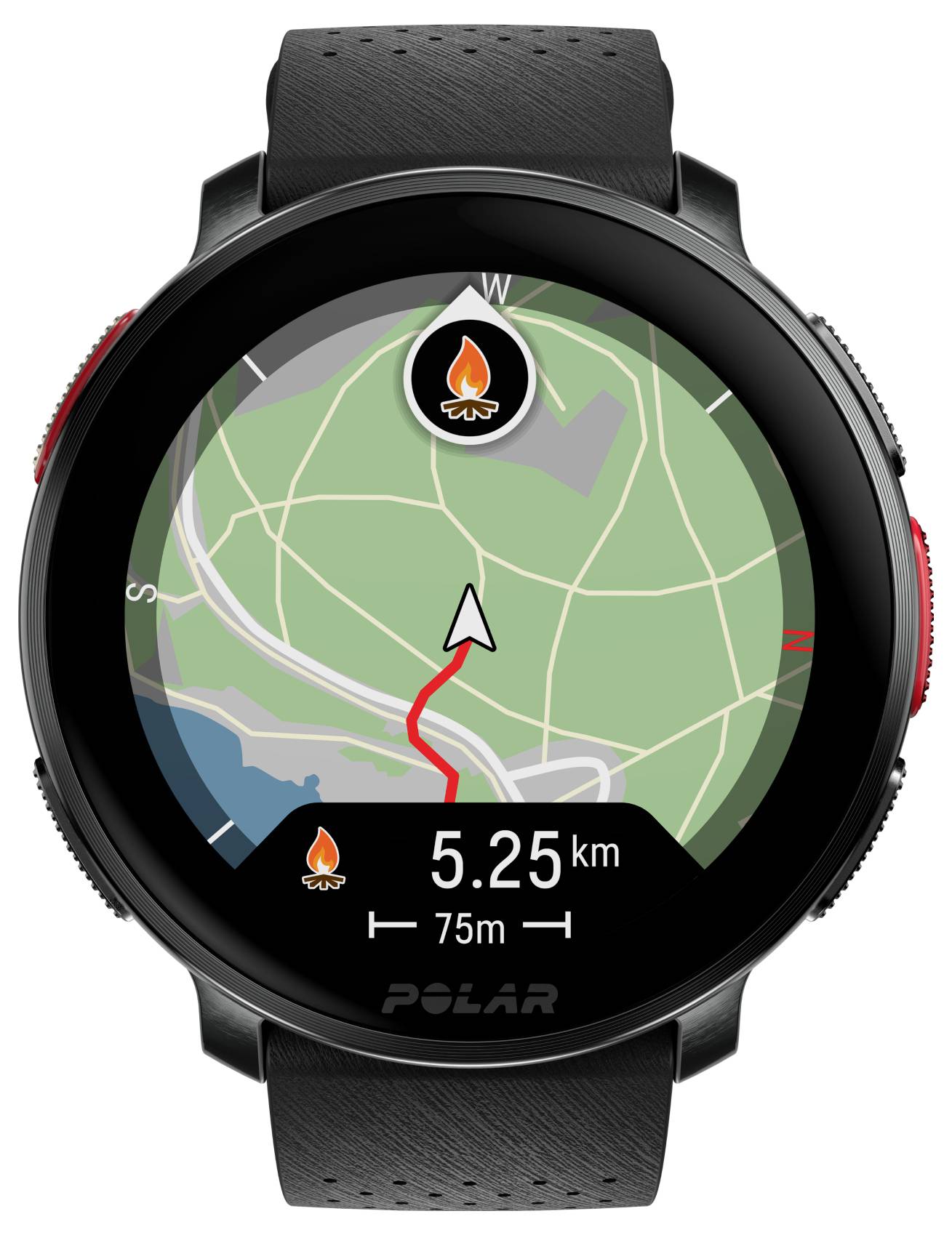 Eine runde GPS-Uhr zeigt eine Karte mit einem roten Pfad. '5,25 km' und '75 m' sind zu sehen und leiten eine Route. Zwei Flammen-Symbole kennzeichnen Ziele.