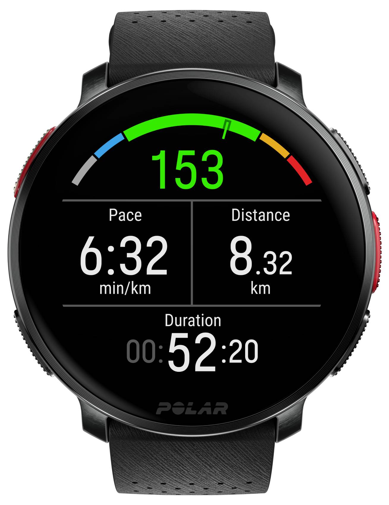 Smartwatch zeigt eine Herzfrequenz von 153 Schlägen pro Minute, ein Tempo von 6:32 Minuten pro Kilometer, eine Distanz von 8,32 Kilometern und eine Dauer von 52:20 Minuten.