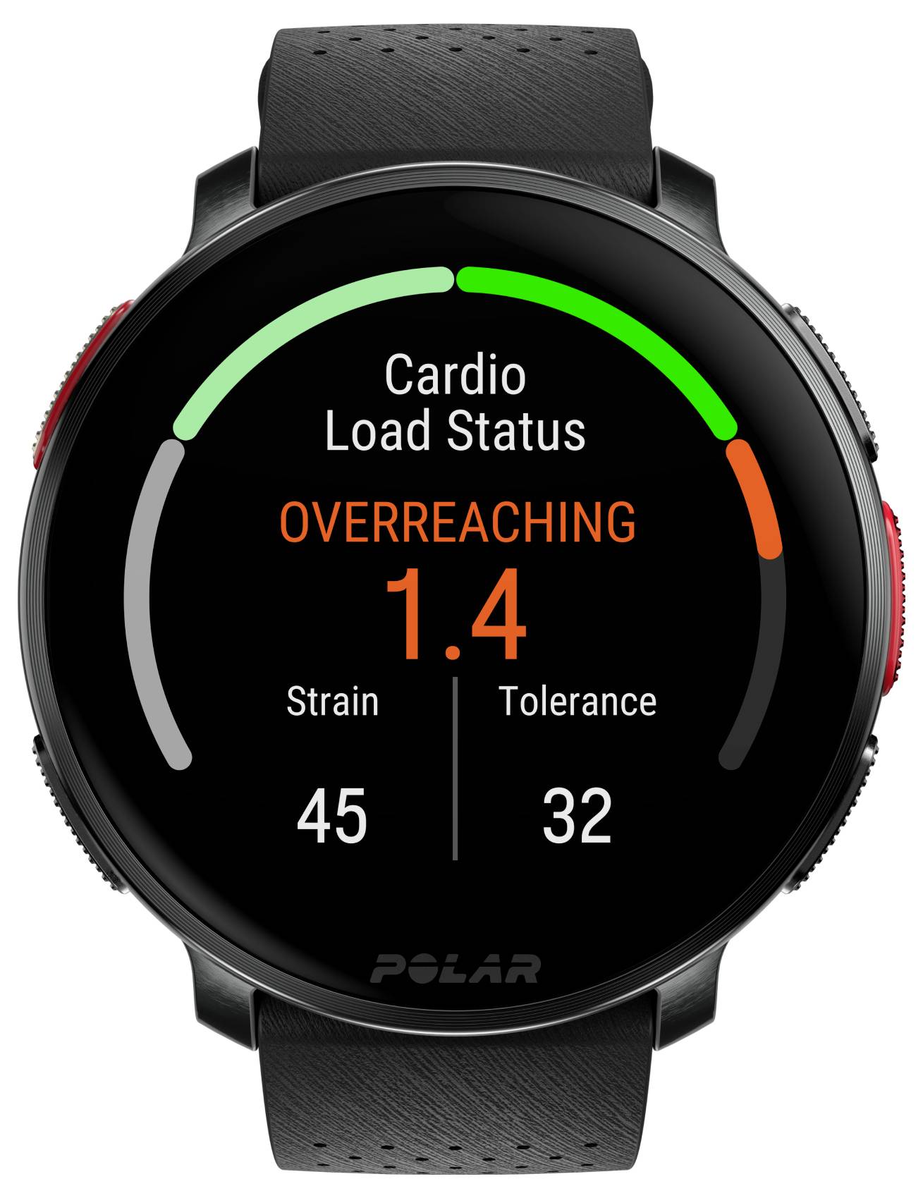 Ein Smartwatch-Display, das den 'Cardio-Belastungsstatus' zeigt, mit 'Überlastung 1.4' in Orange. Belastung beträgt 45, und Toleranz liegt bei 32.