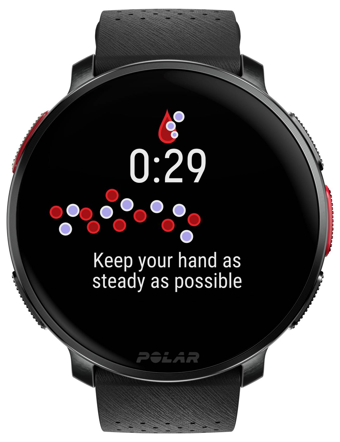 Smartwatch-Bildschirm zeigt einen Timer mit '0:29' an, darüber der Text 'Halten Sie Ihre Hand so ruhig wie möglich' über einer Grafik aus roten und weißen Punkten.