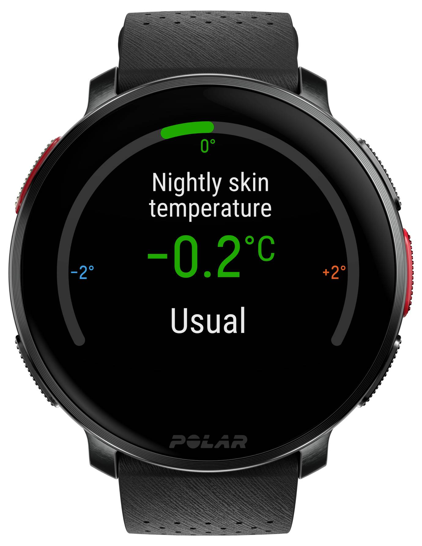 Ein Smartwatch-Display zeigt 'Nächtliche Hauttemperatur -0,2°C Üblich' mit einem schwarzen Band und Tasten an den Seiten vor einem schwarzen Hintergrund.