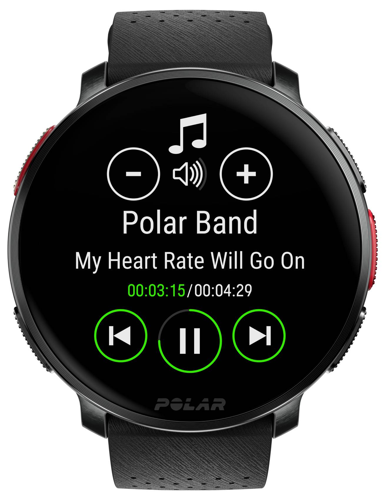 Smartwatch-Display mit Musiksteuerung für 'Mein Herzschlag wird weitergehen' von Polar Band, mit Wiedergabe-, Pause- und Lautstärketasten.